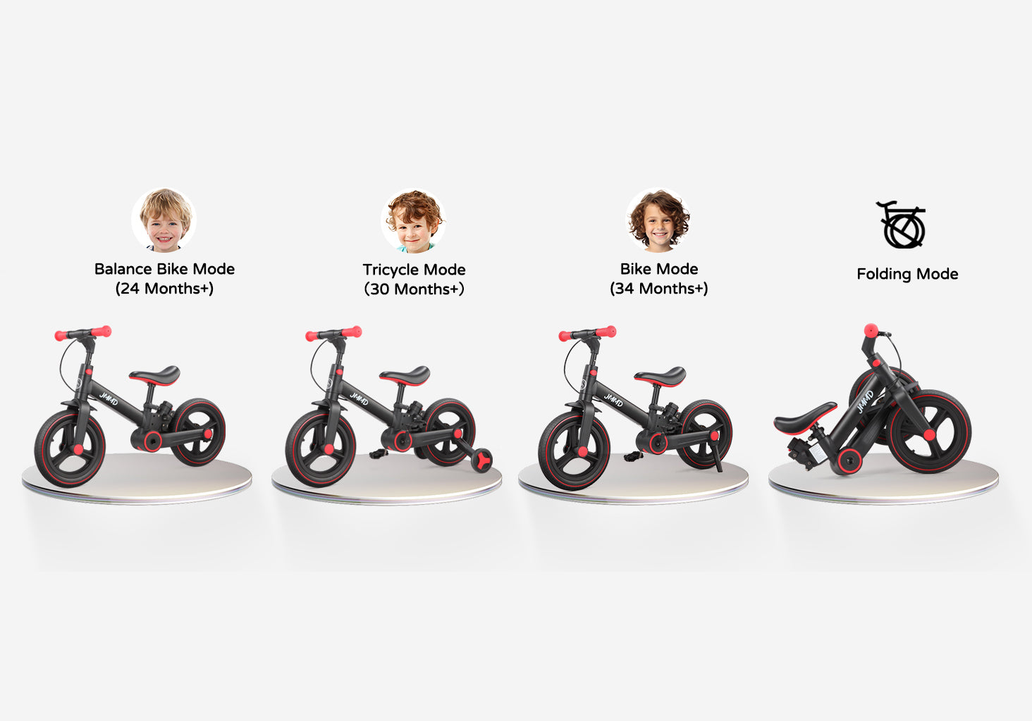 JMMD kids bike modes including balance bike, tricycle, bike mode and folding mode for different ages
