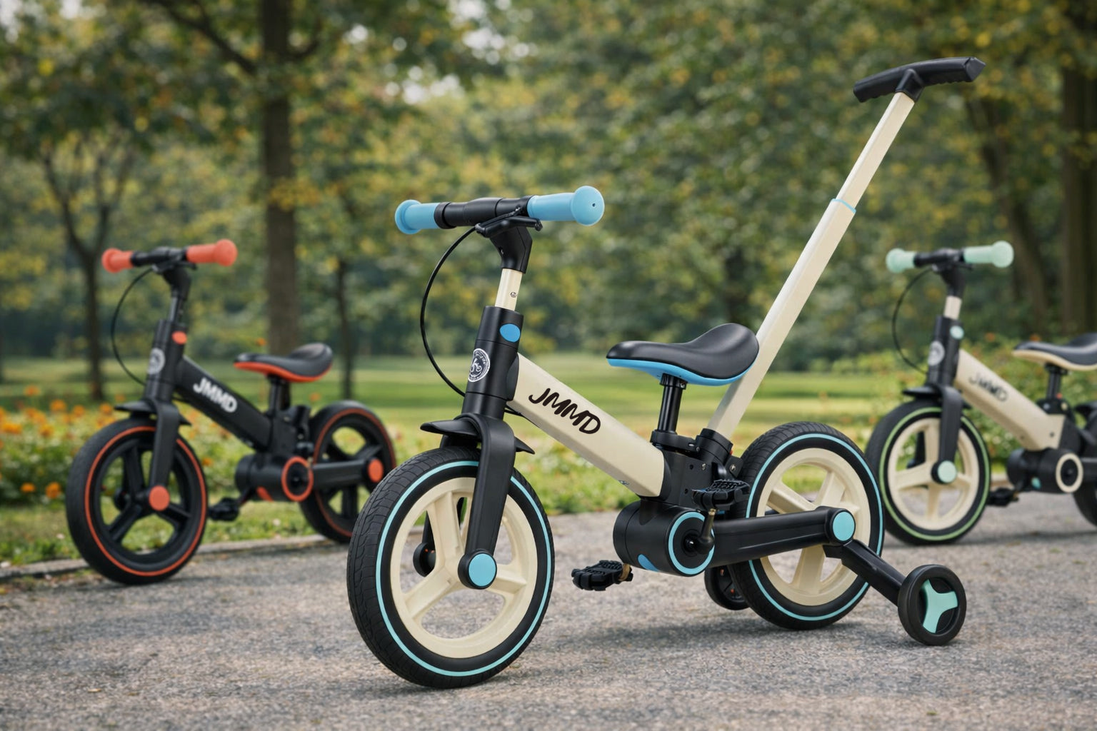 6-in-1 toddler bike in multiple colors displayed in a park, showing parent push handle and adjustable design for kids aged 18 months to 5 years