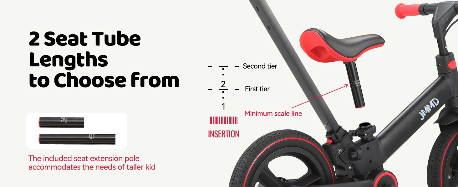 kids bike adjustable seat tube with extension pole for different height positions
