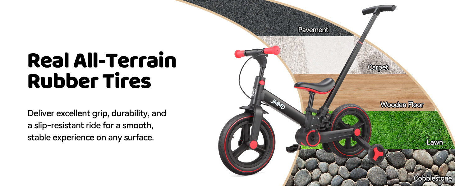 kids bike rubber tires suitable for pavement, grass, carpet and cobblestone