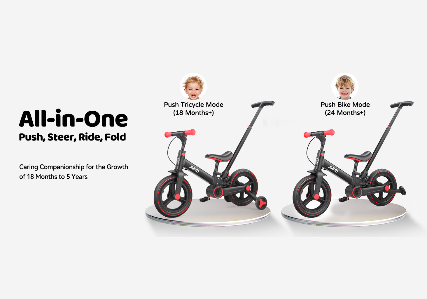 JMMD toddler bike with parent push handle and independent riding mode for ages 18 months to 5 years