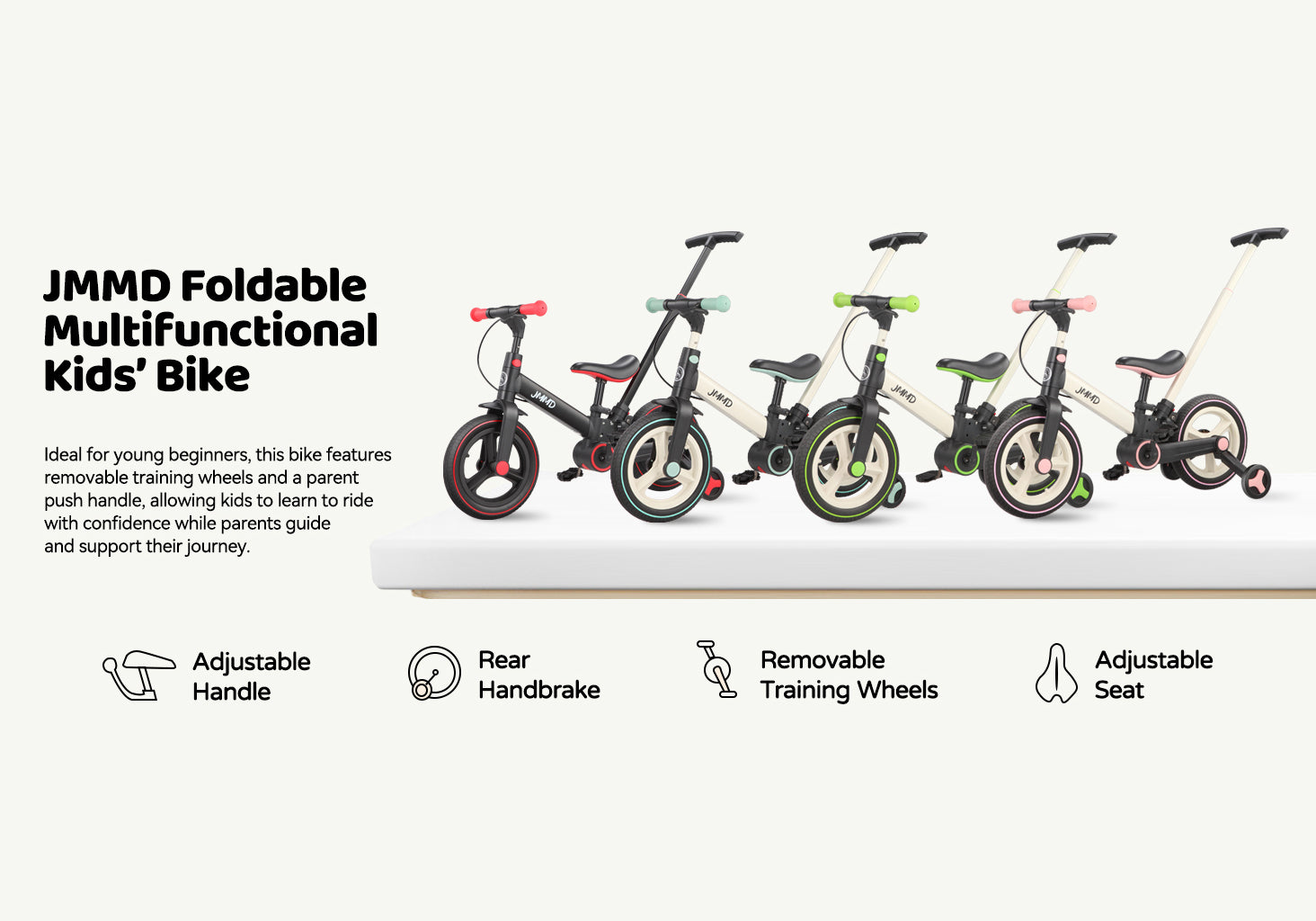 JMMD 6-in-1 kids bike with adjustable handle, training wheels, handbrake and adjustable seat in multiple colors