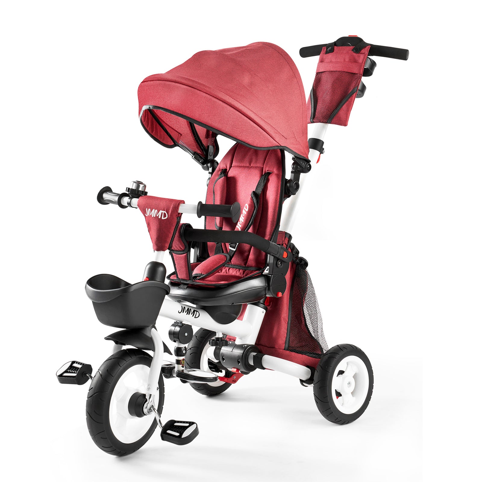JMMD B56 toddler tricycle in burgundy red with push handle and canopy
