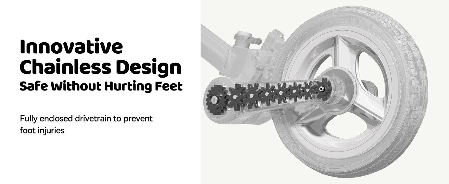kids bike enclosed chainless drivetrain design to prevent foot injuries
