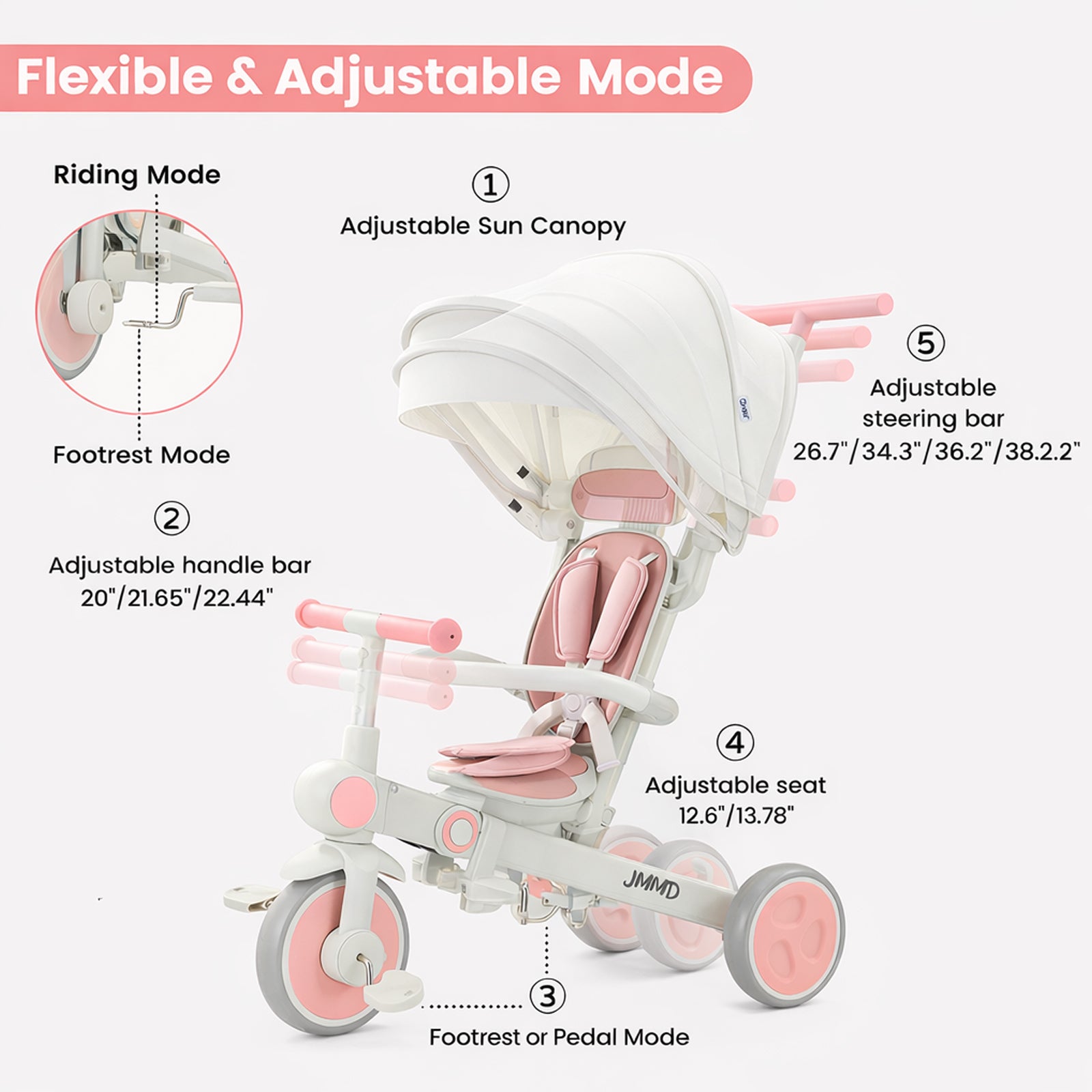 Adjustable seat handlebar and canopy on JMMD A7 toddler tricycle