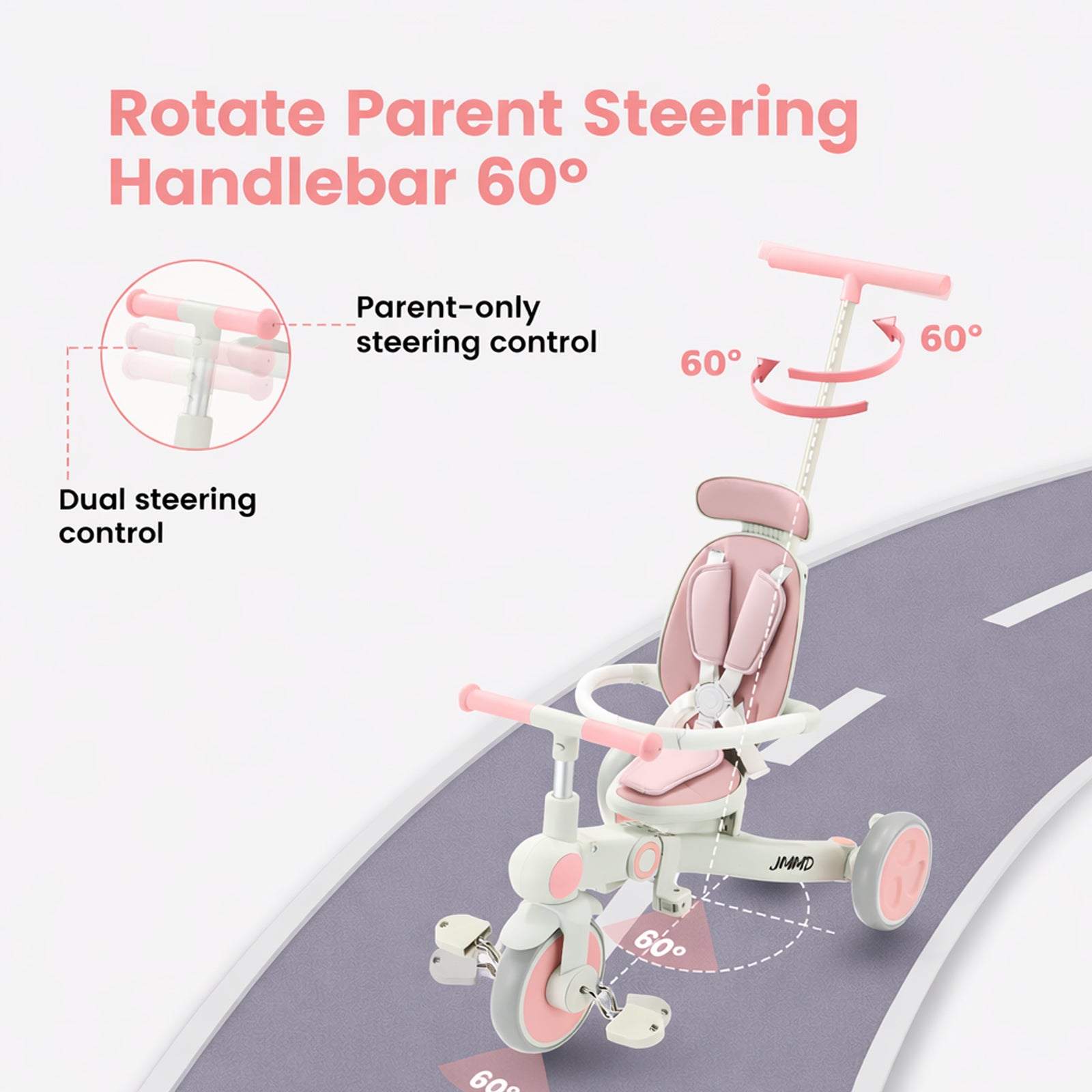JMMD A7 toddler tricycle with 60 degree parent steering control handle