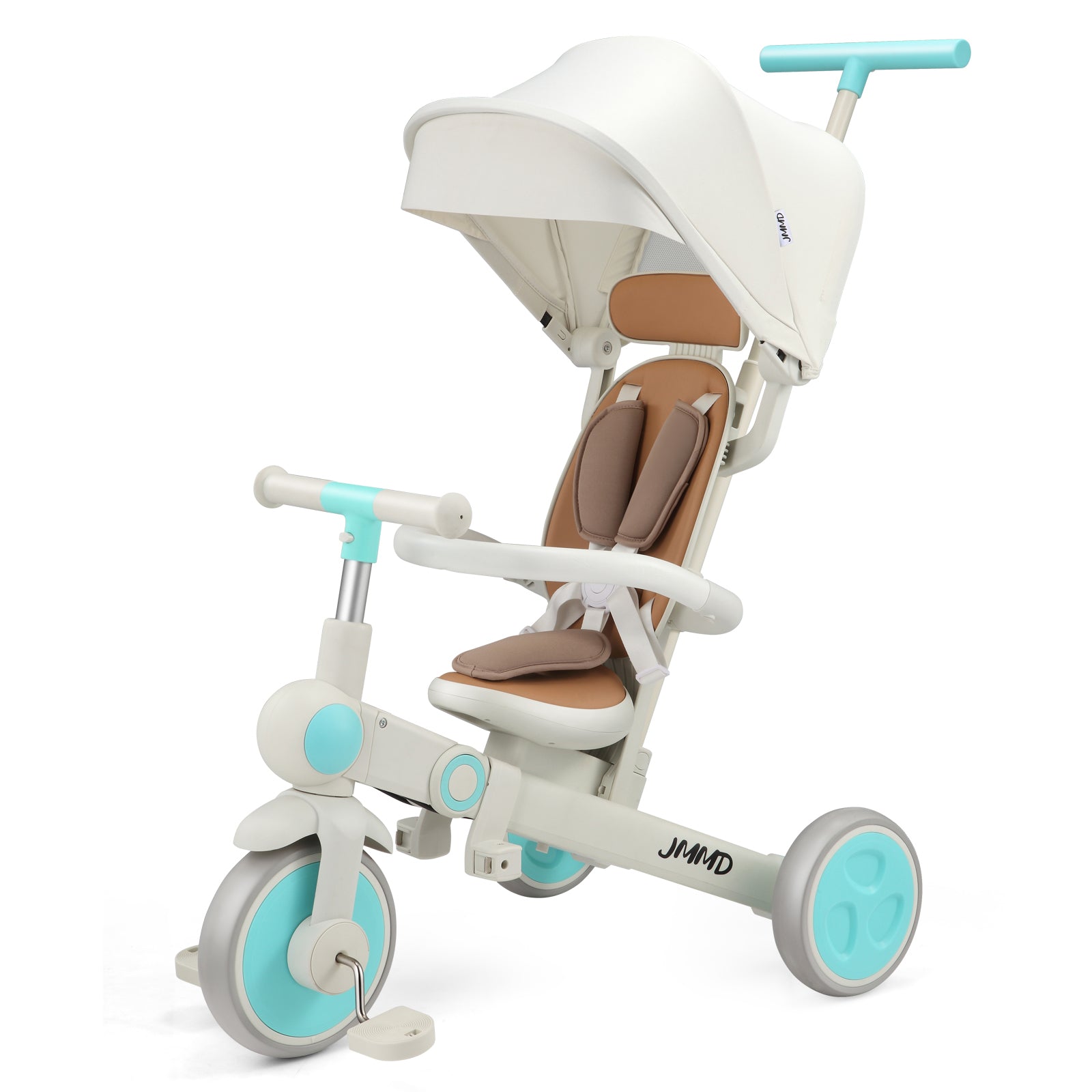 JMMD A7 7 in 1 toddler tricycle in cream brown with blue accents for kids age 1-5