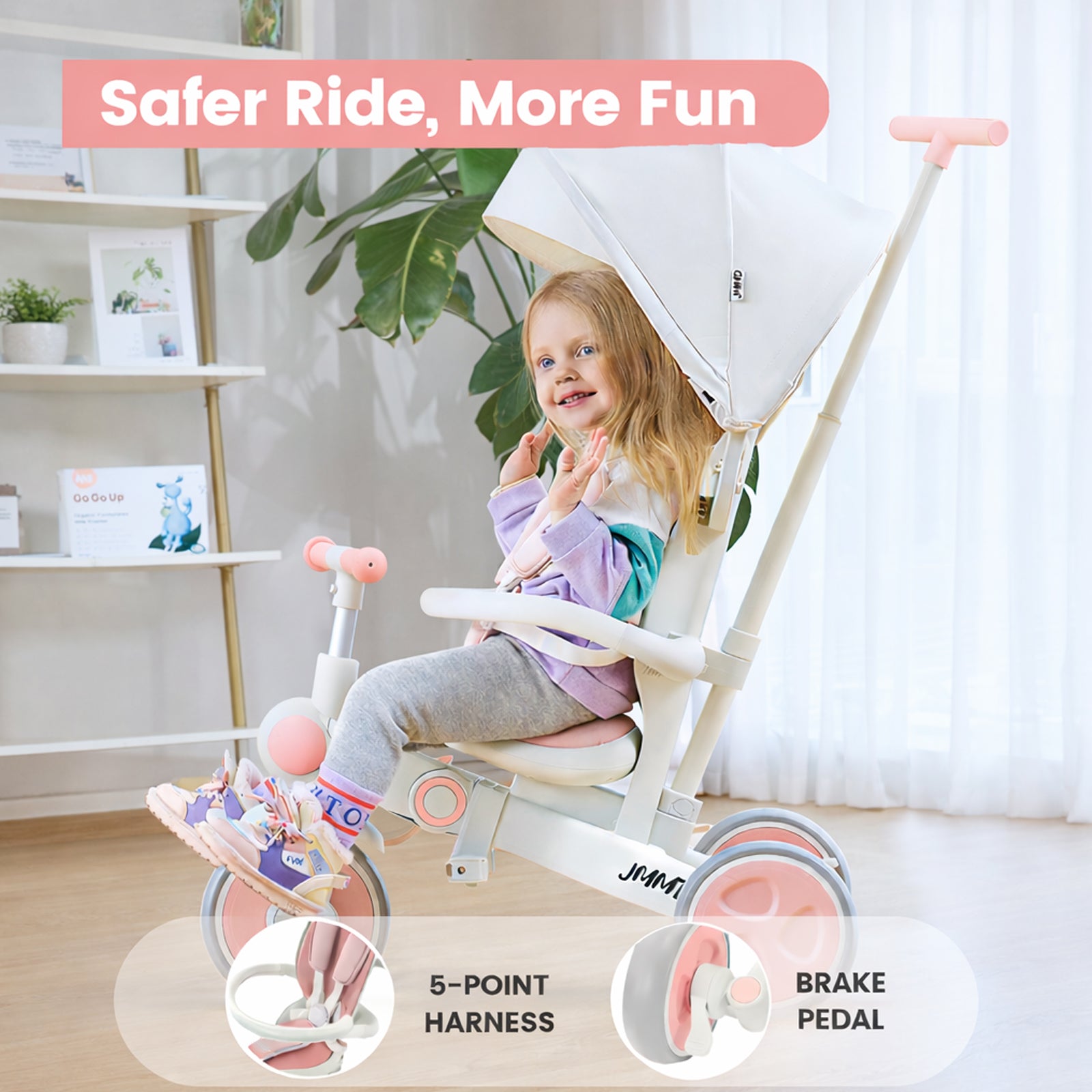 Toddler riding JMMD A7 tricycle with push handle and canopy indoors