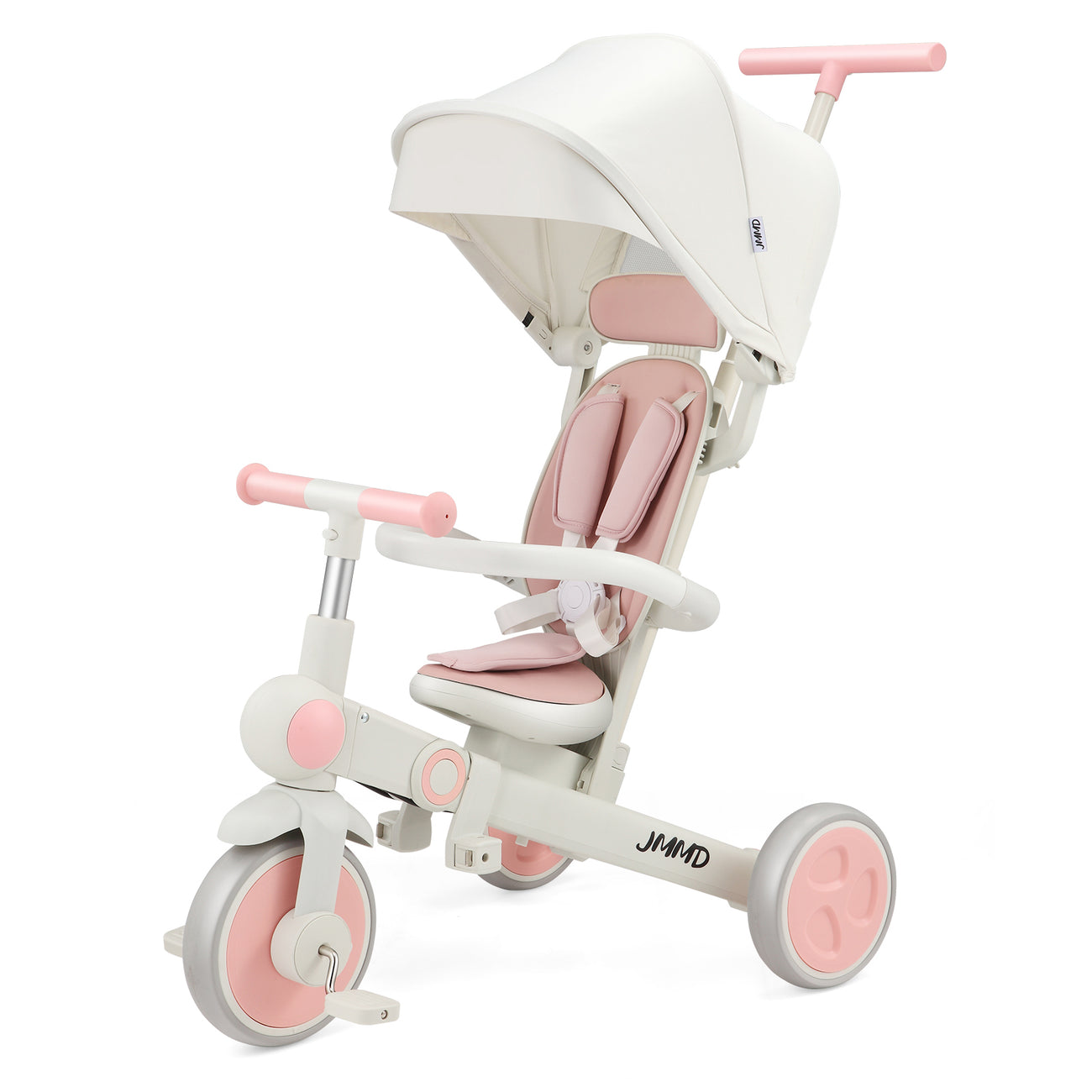 #color_blush-pink JMMD A7 7-in-1 growth tricycle in Blush Pink with canopy, parent push handle, safety bar, and pedals