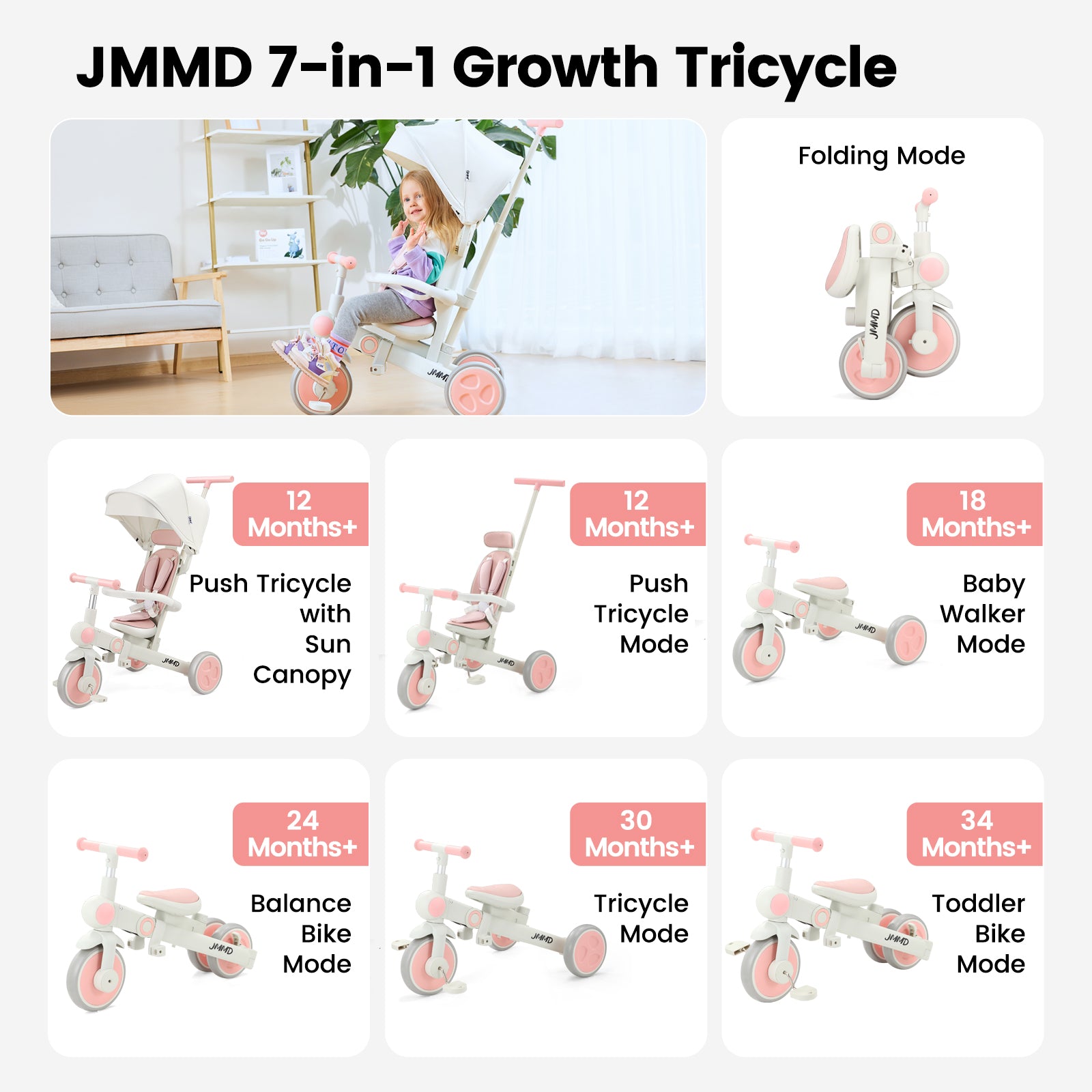 #color_blush-pink JMMD A7 7-in-1 growth tricycle in Blush Pink showing folding mode, push tricycle with sun canopy, push tricycle mode, baby walker mode, balance bike mode, tricycle mode, and toddler bike mode
