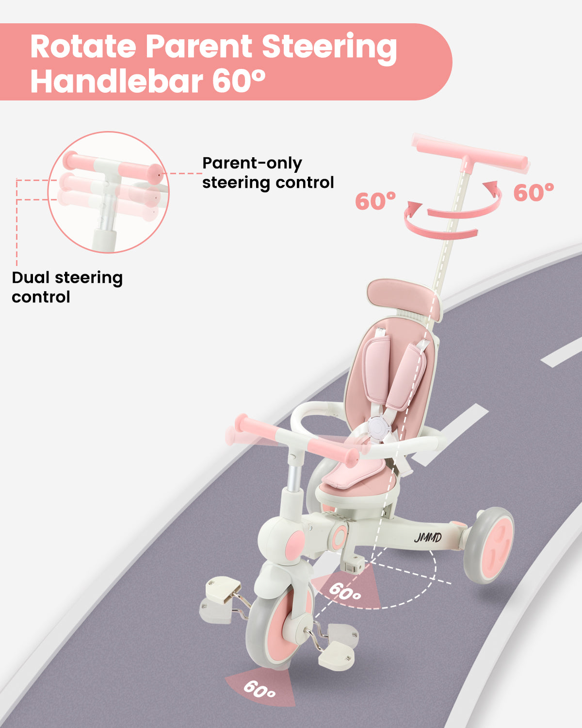 #color_blush-pink JMMD A7 growth tricycle in Blush Pink showing 60-degree rotating parent steering handlebar and dual steering control
