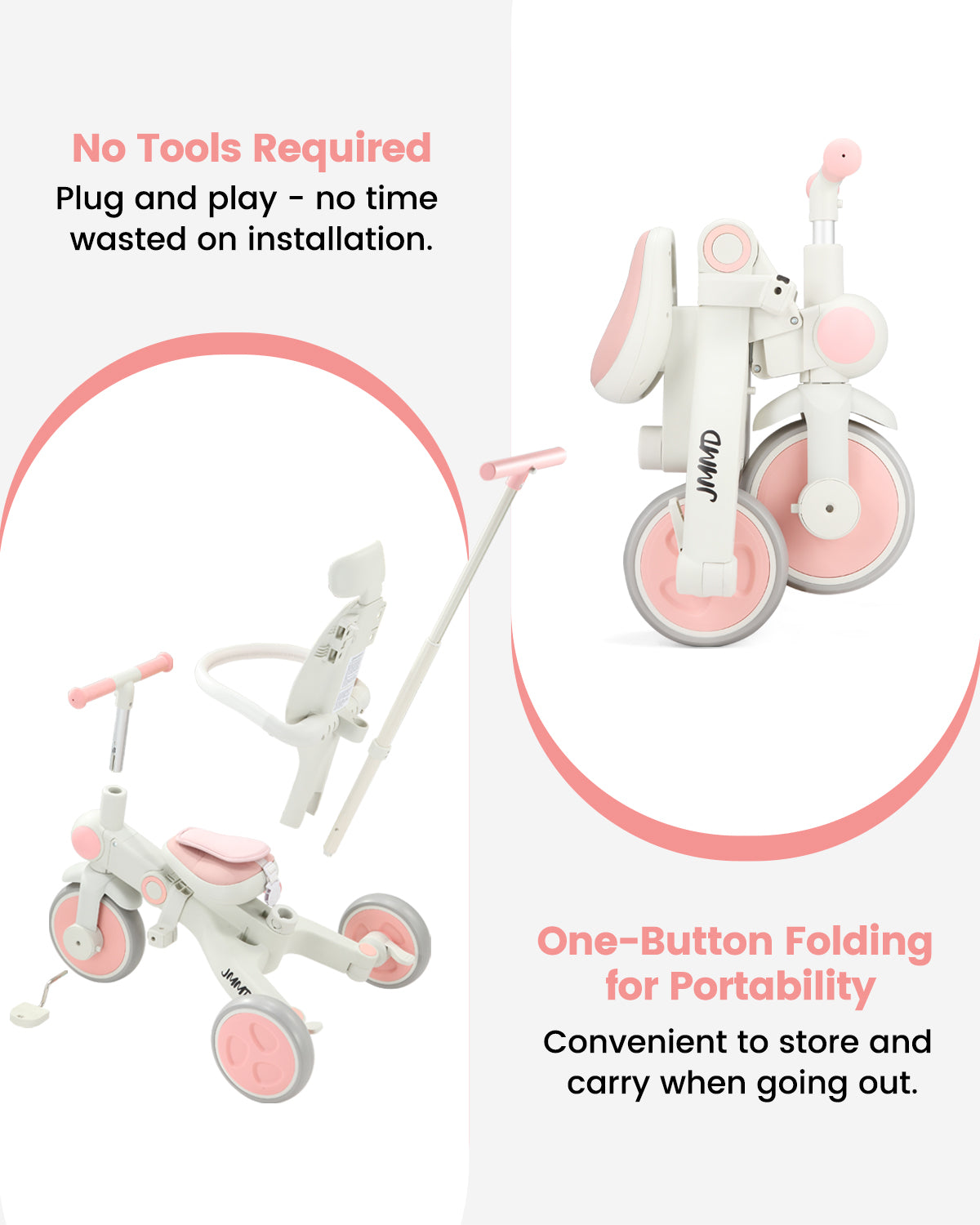 #color_blush-pink JMMD A7 foldable toddler tricycle in Blush Pink showing no-tools setup and one-button folding for portable storage