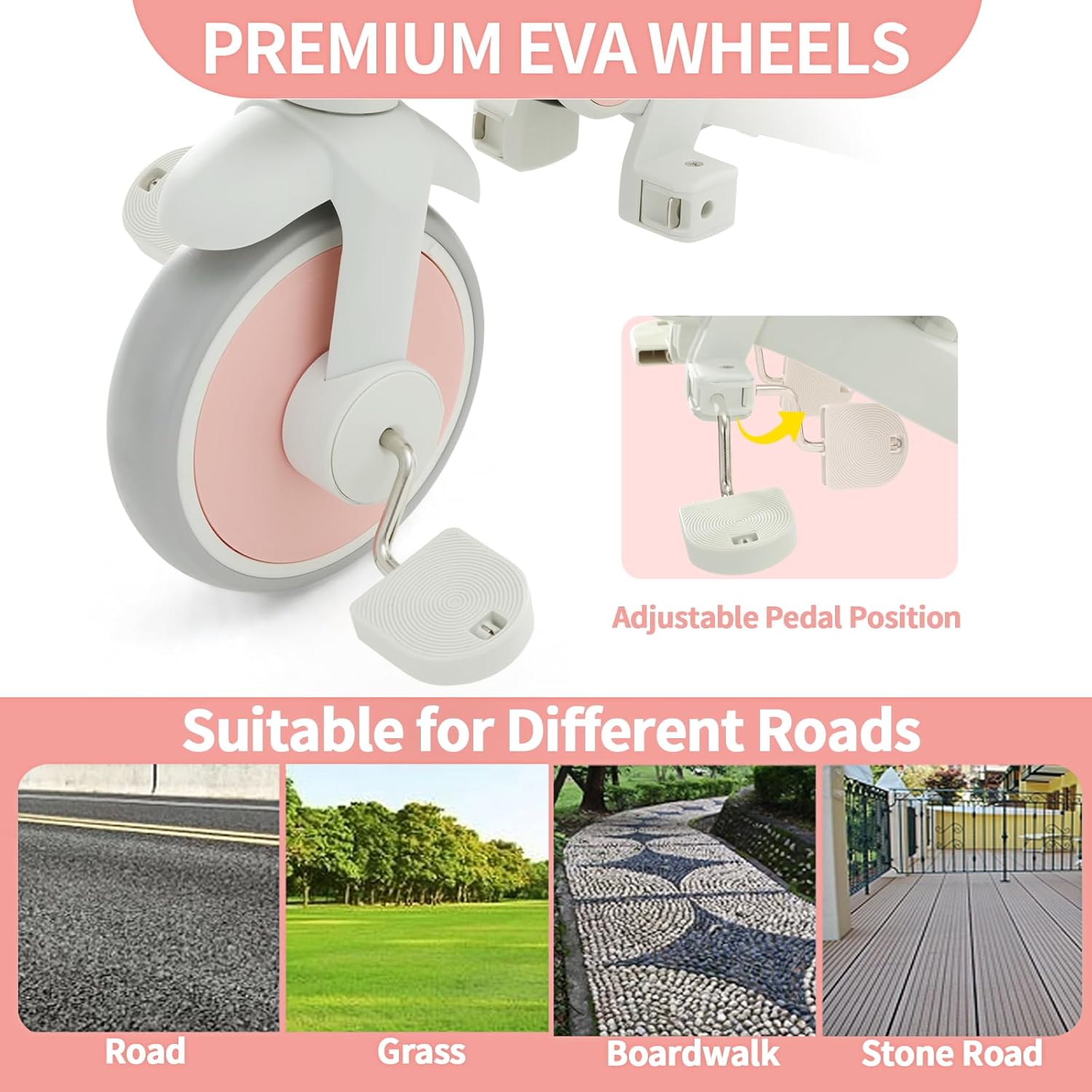 #color_blush-pink Close-up of JMMD A7 toddler tricycle in Blush Pink with premium EVA wheels and adjustable pedal position for different roads