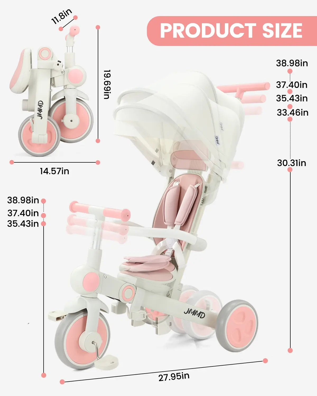 #color_blush-pink JMMD A7 7-in-1 growth tricycle in Blush Pink product size chart with folding size, adjustable handlebar, and overall dimensions