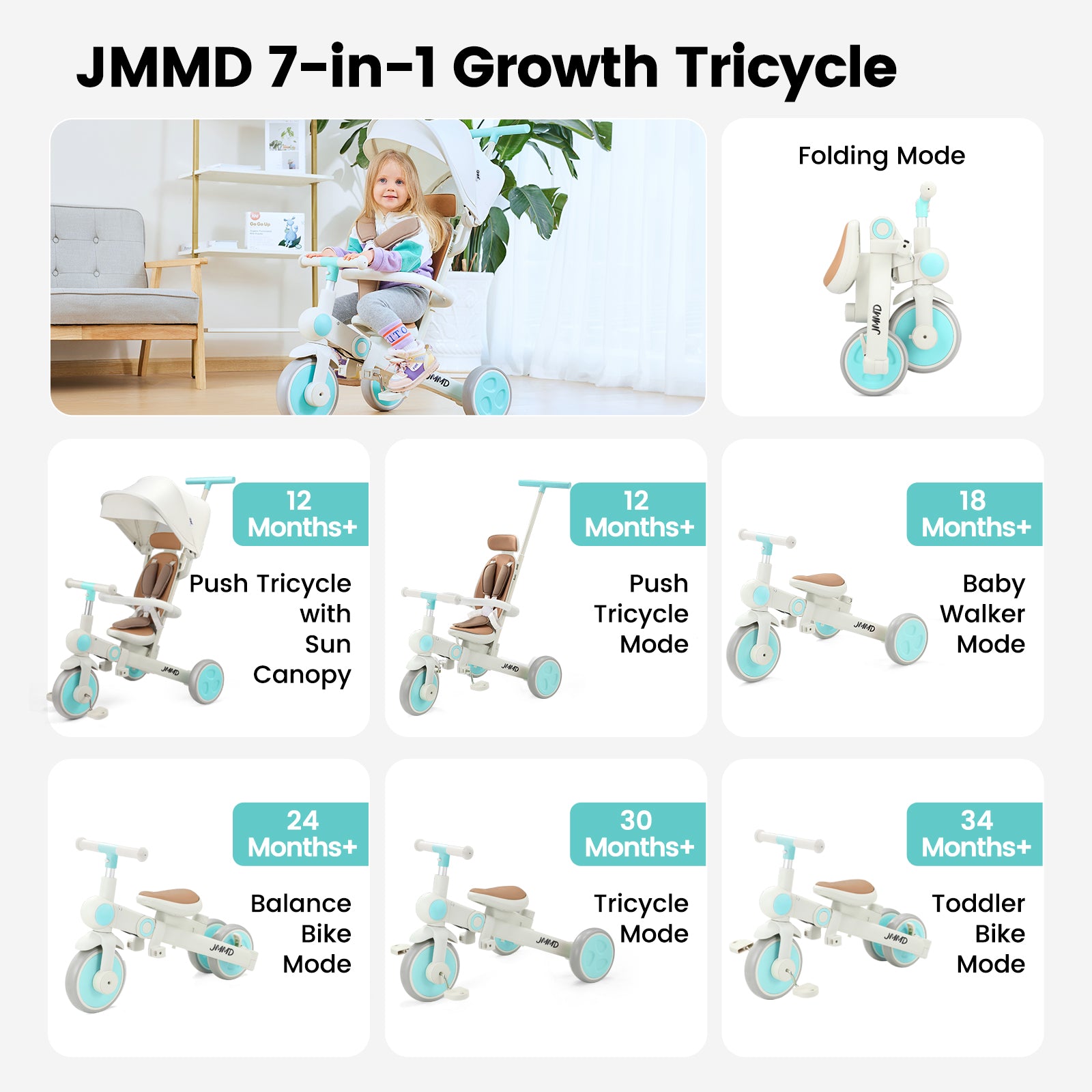 #color_cream-brown JMMD A7 7-in-1 growth tricycle in Cream Brown showing folding mode, push tricycle with sun canopy, push tricycle mode, baby walker mode, balance bike mode, tricycle mode, and toddler bike mode