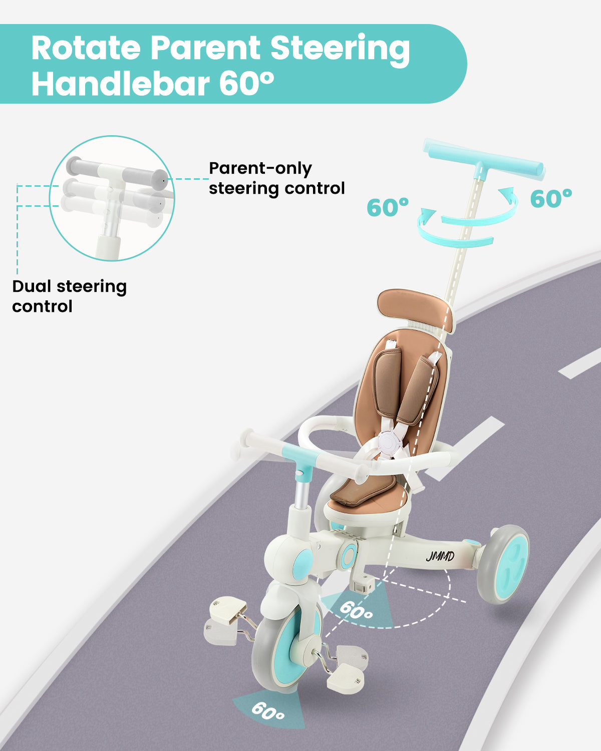 #color_cream-brown JMMD A7 growth tricycle in Cream Brown showing 60-degree rotating parent steering handlebar and dual steering control