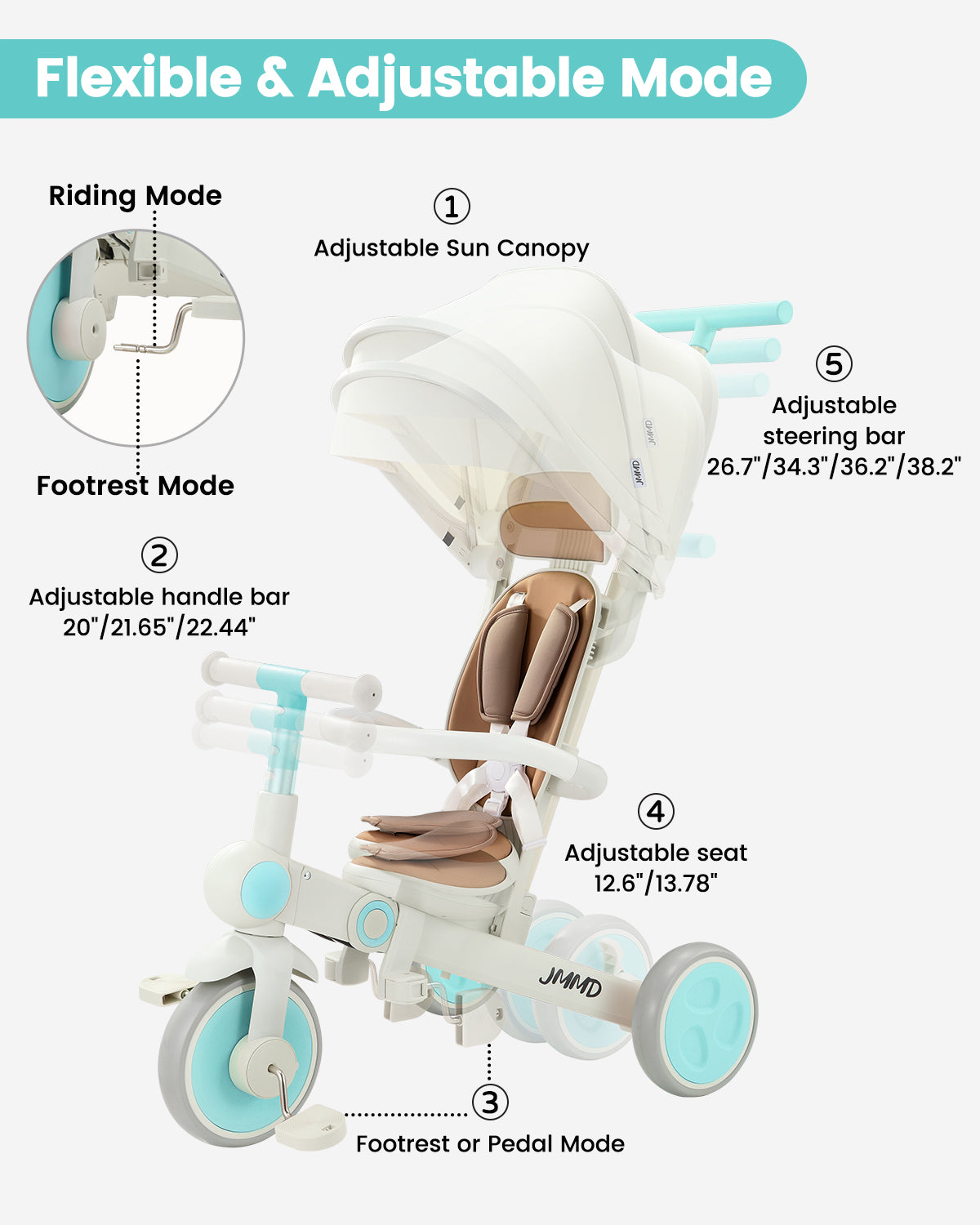 #color_cream-brown JMMD A7 toddler tricycle in Cream Brown showing adjustable sun canopy, handlebar, seat, steering bar, and footrest or pedal modes