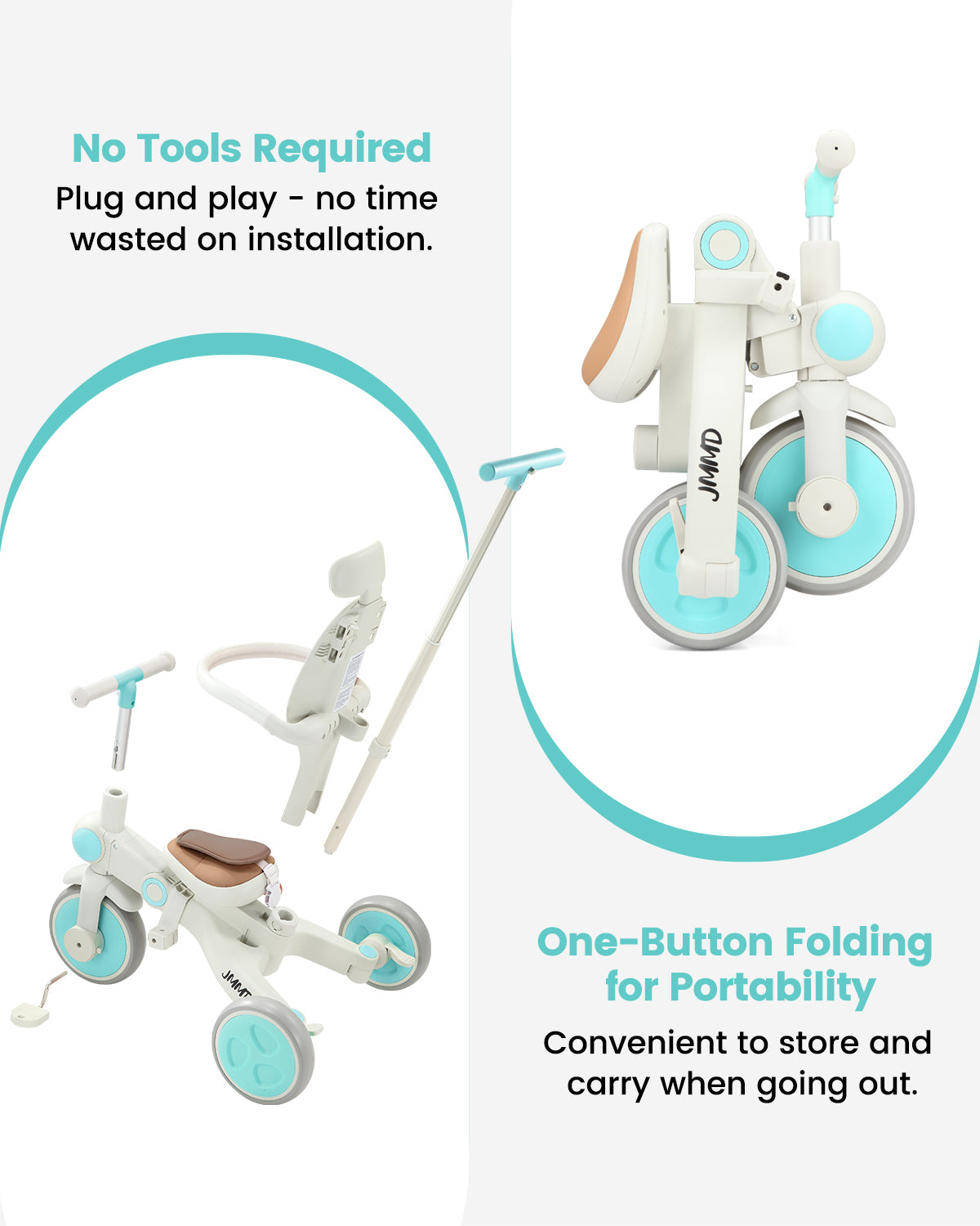 #color_cream-brown JMMD A7 foldable toddler tricycle in Cream Brown showing no-tools setup and one-button folding for portable storage
