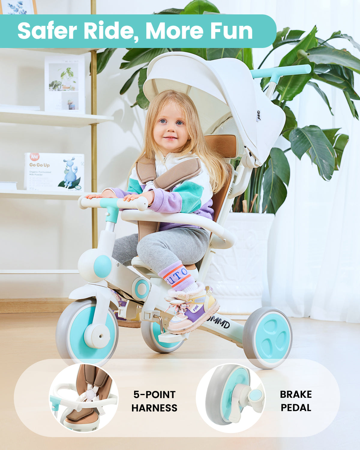 #color_cream-brown JMMD A7 toddler tricycle in Cream Brown showing 5-point harness, brake pedal, and safer ride features