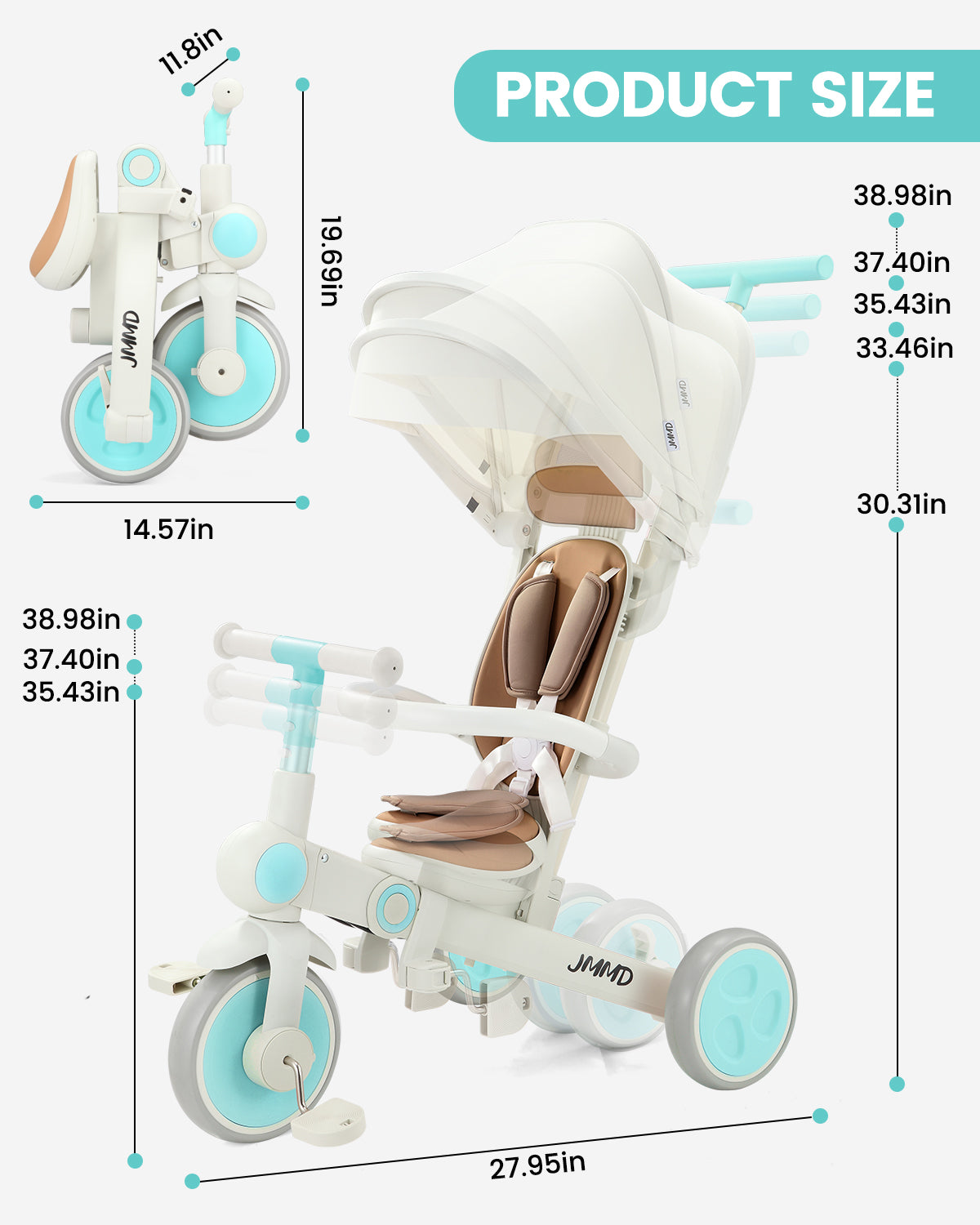 #color_cream-brown JMMD A7 7-in-1 growth tricycle in Cream Brown product size chart with folding size, adjustable handlebar, and overall dimensions