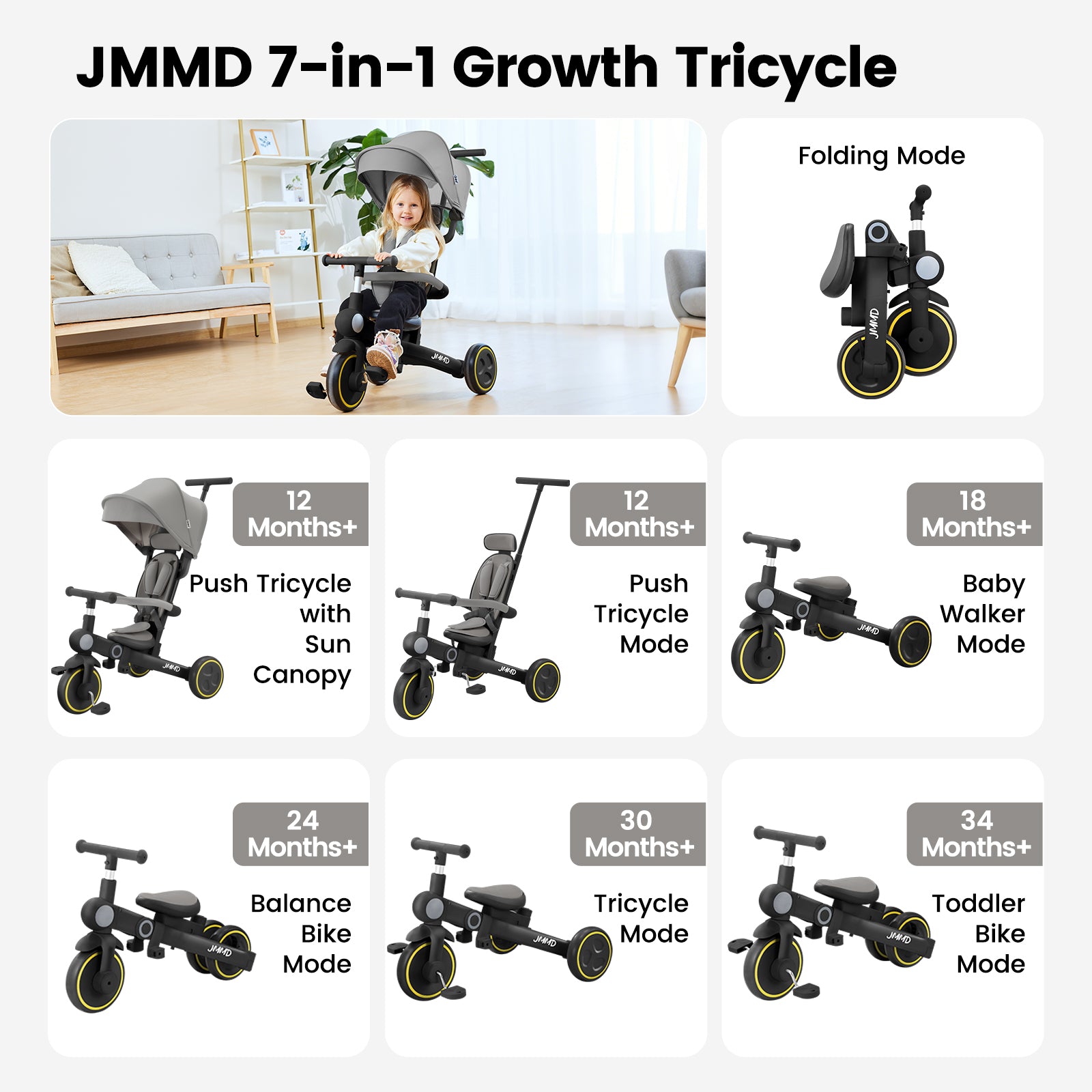 #color_matte-black JMMD A7 7-in-1 growth tricycle in Matte Black showing folding mode, push tricycle with sun canopy, push tricycle mode, baby walker mode, balance bike mode, tricycle mode, and toddler bike mode