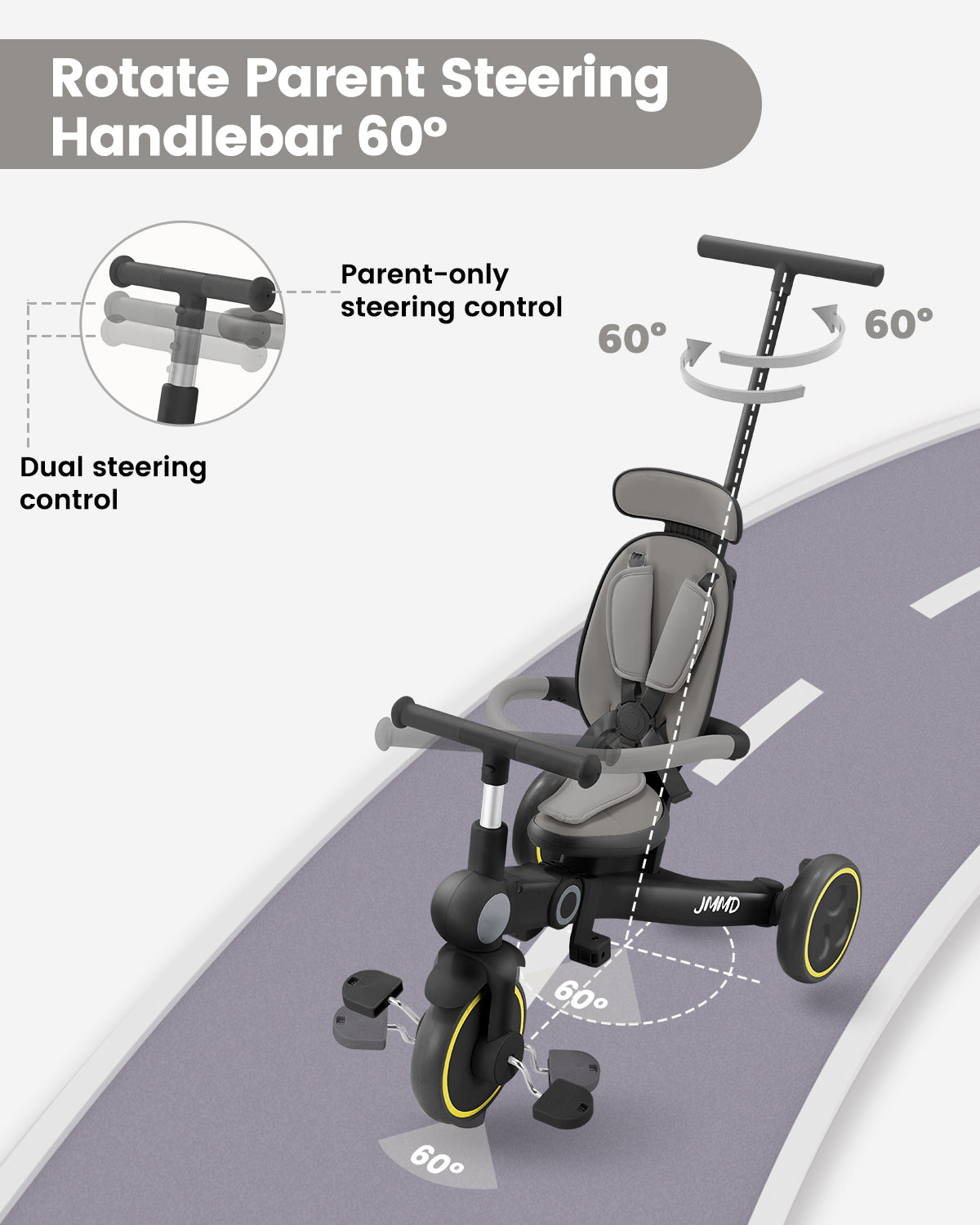 #color_matte-black JMMD A7 growth tricycle in Matte Black showing 60-degree rotating parent steering handlebar and dual steering control