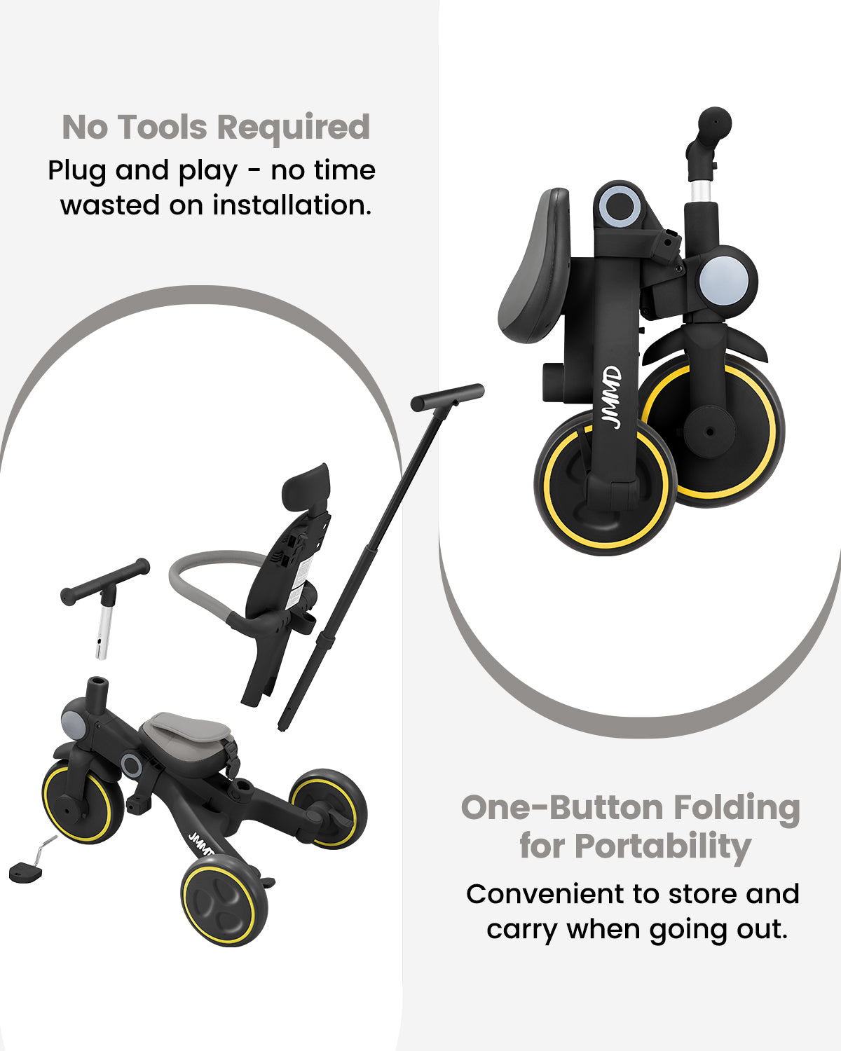 #color_matte-black JMMD A7 foldable toddler tricycle in Matte Black showing no-tools setup and one-button folding for portable storage