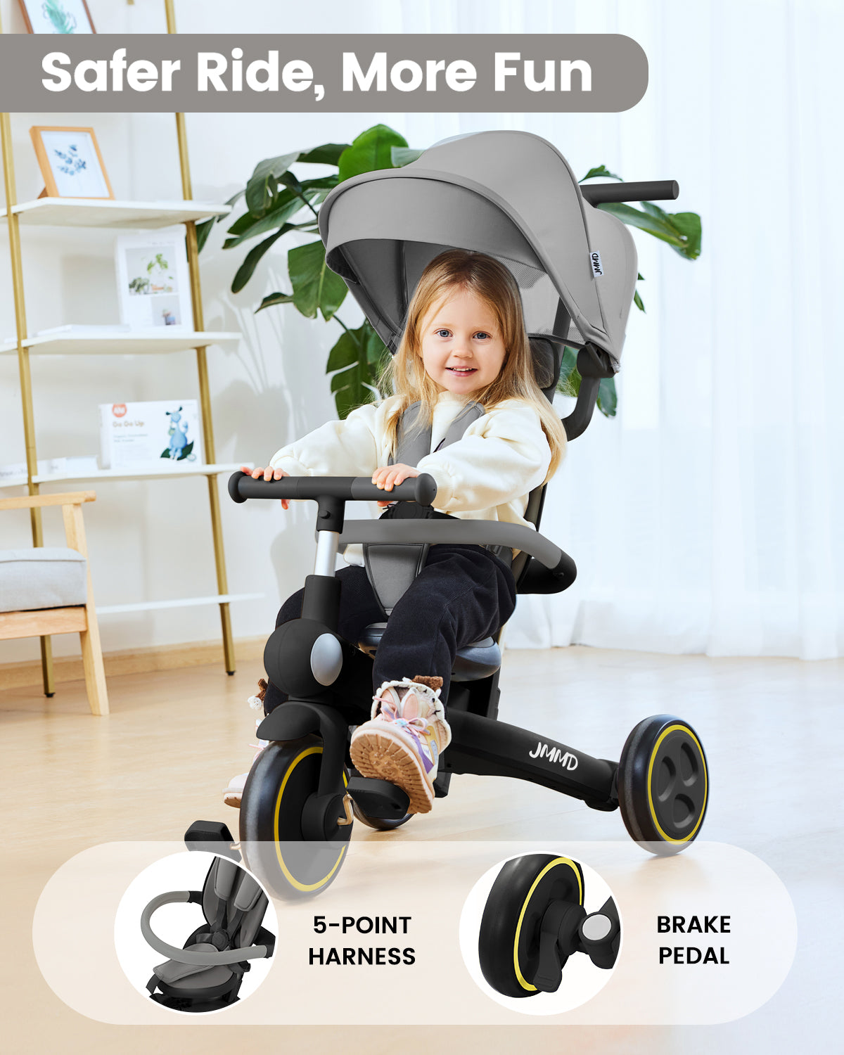 #color_matte-black JMMD A7 toddler tricycle in Matte Black showing 5-point harness, brake pedal, and safer ride features