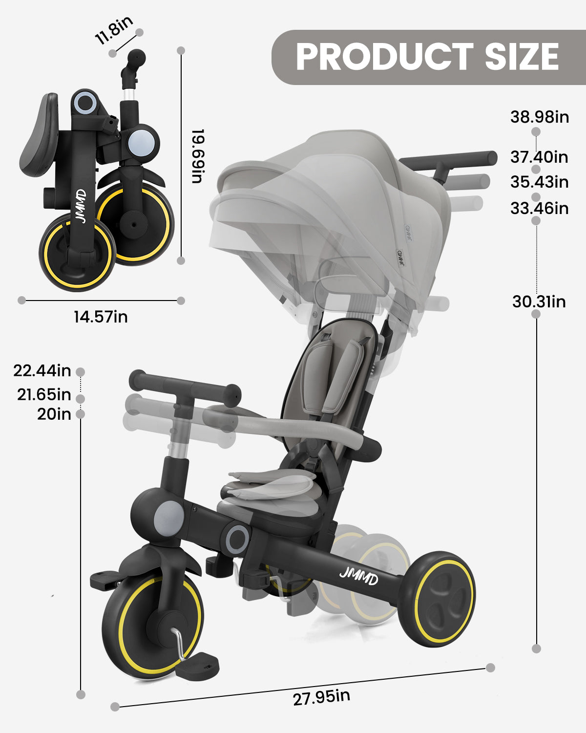 #color_matte-black JMMD A7 7-in-1 growth tricycle in Matte Black product size chart with folding size, adjustable handlebar, and overall dimensions