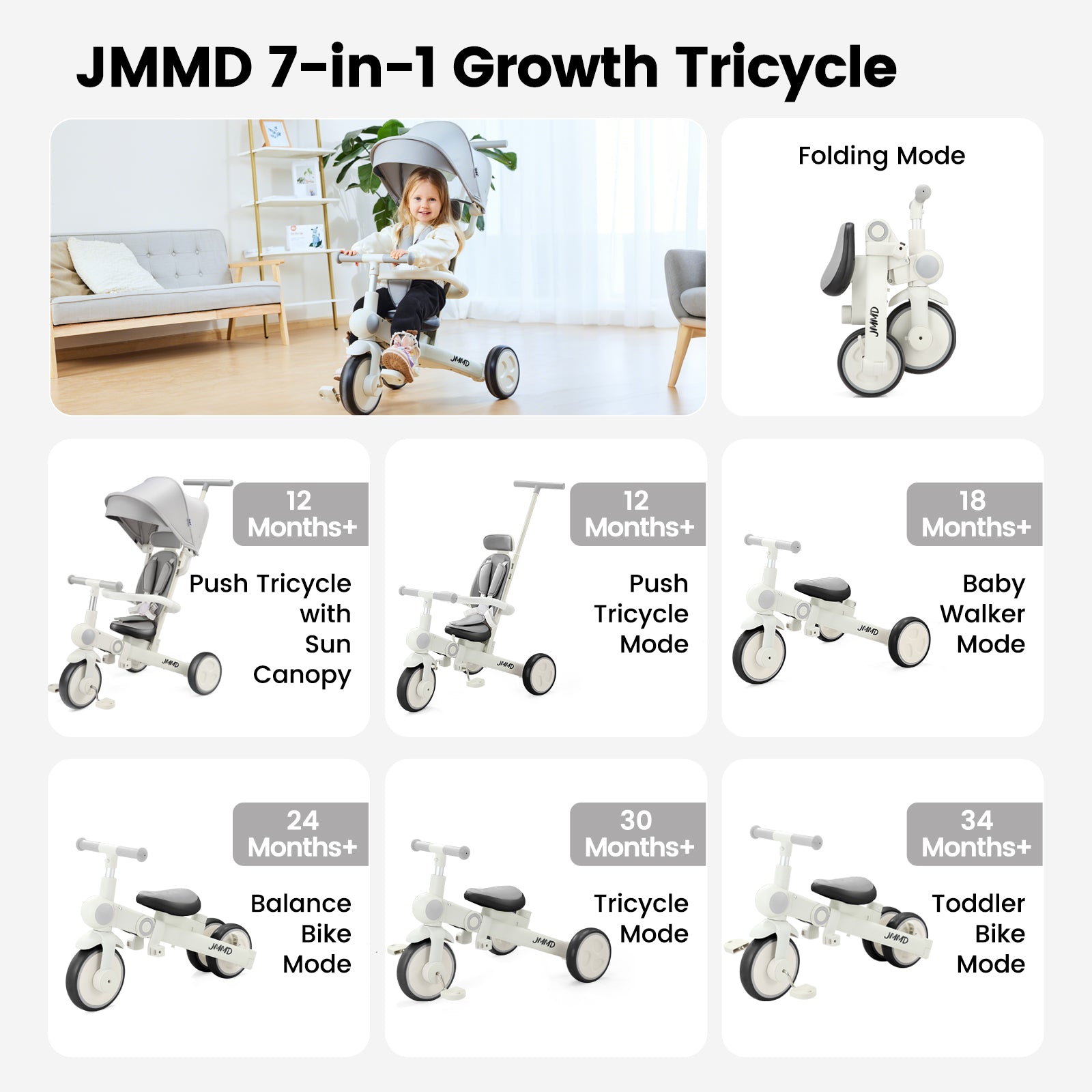 #color_warm-gray JMMD A7 7-in-1 growth tricycle in Warm Gray showing folding mode, push tricycle with sun canopy, push tricycle mode, baby walker mode, balance bike mode, tricycle mode, and toddler bike mode