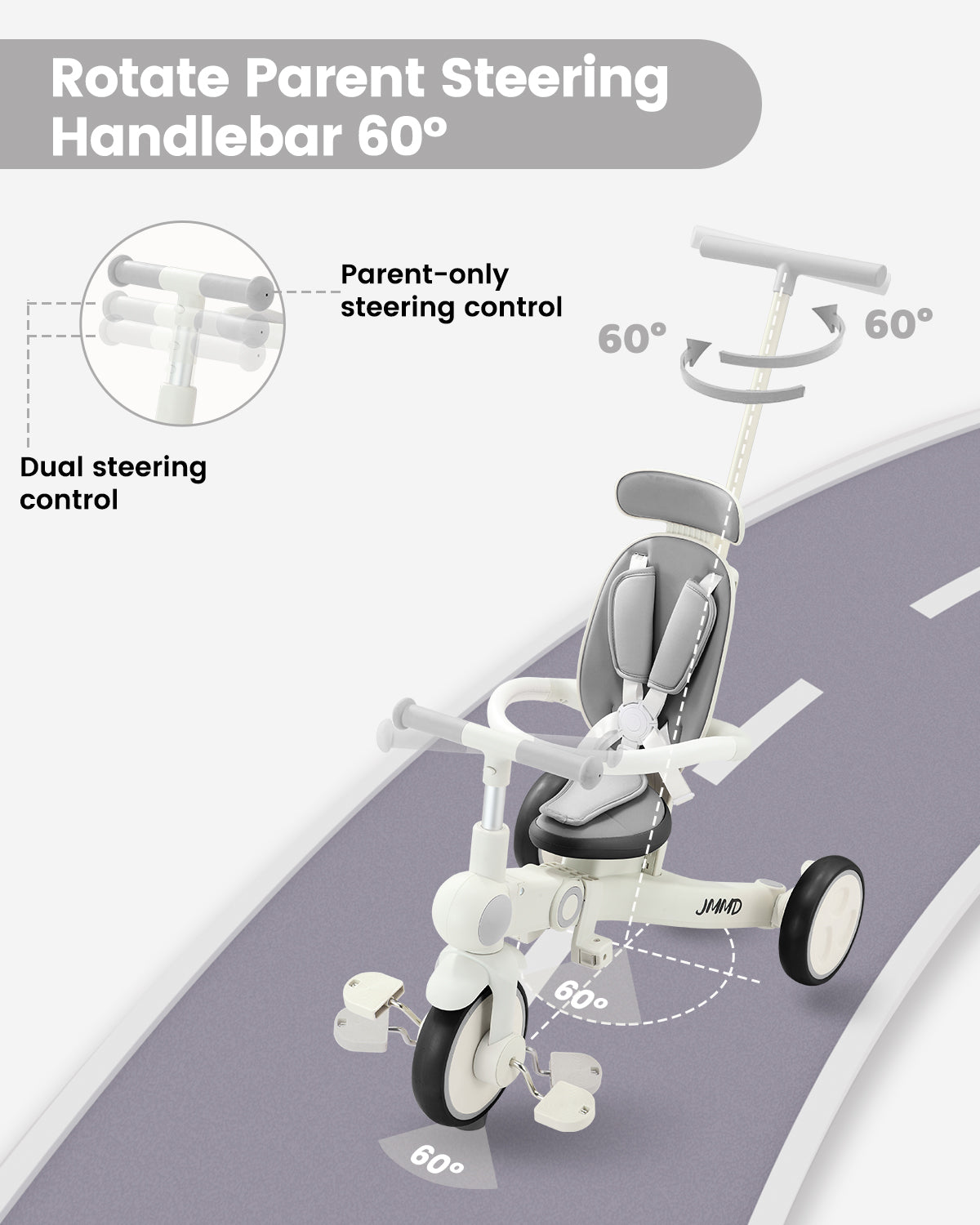#color_warm-gray JMMD A7 growth tricycle in Warm Gray showing 60-degree rotating parent steering handlebar and dual steering control