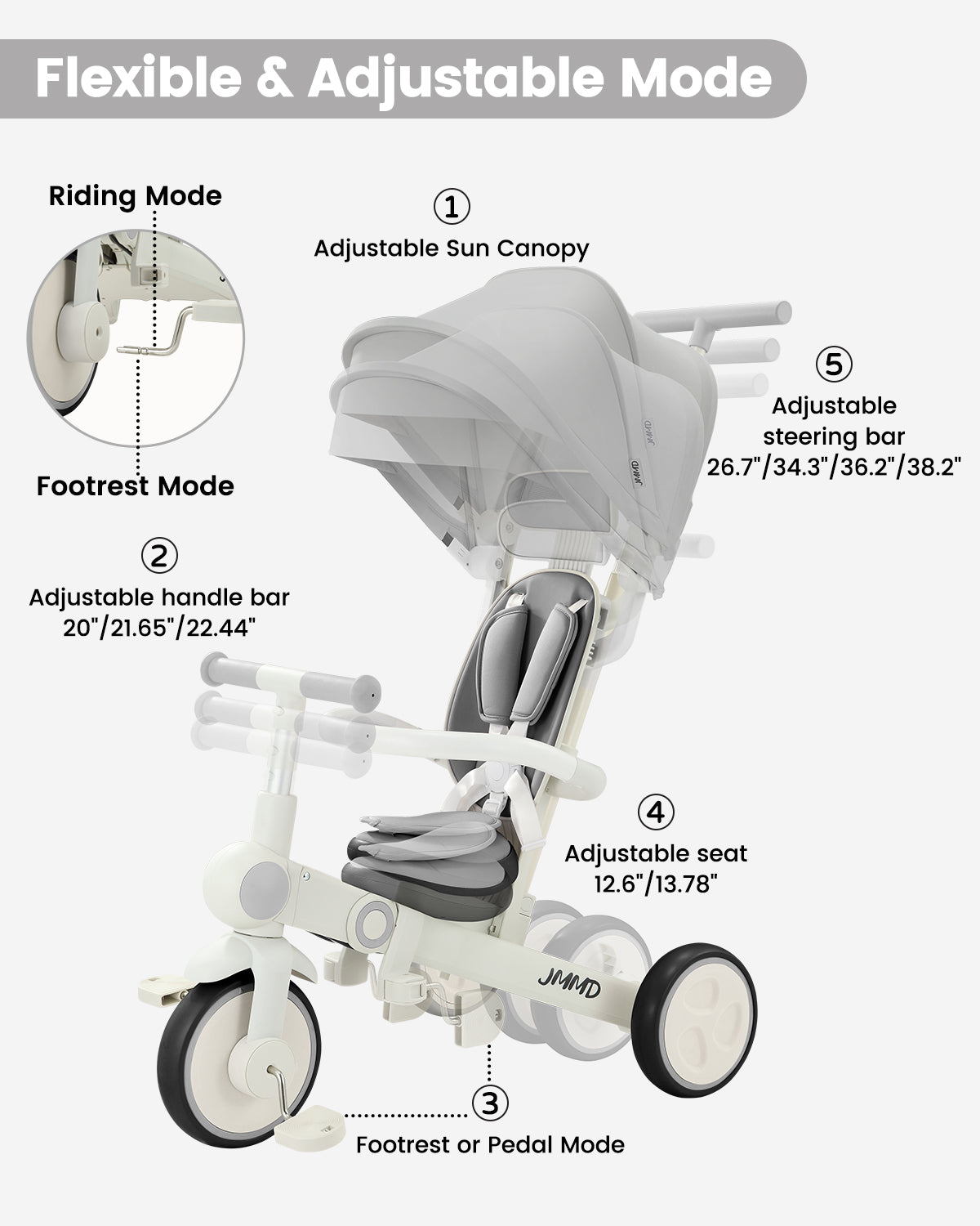 #color_warm-gray JMMD A7 toddler tricycle in Warm Gray showing adjustable sun canopy, handlebar, seat, steering bar, and footrest or pedal modes