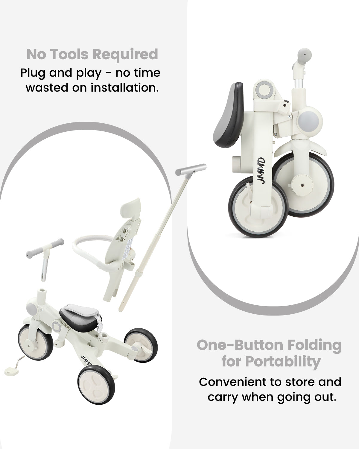 #color_warm-gray JMMD A7 foldable toddler tricycle in Warm Gray showing no-tools setup and one-button folding for portable storage