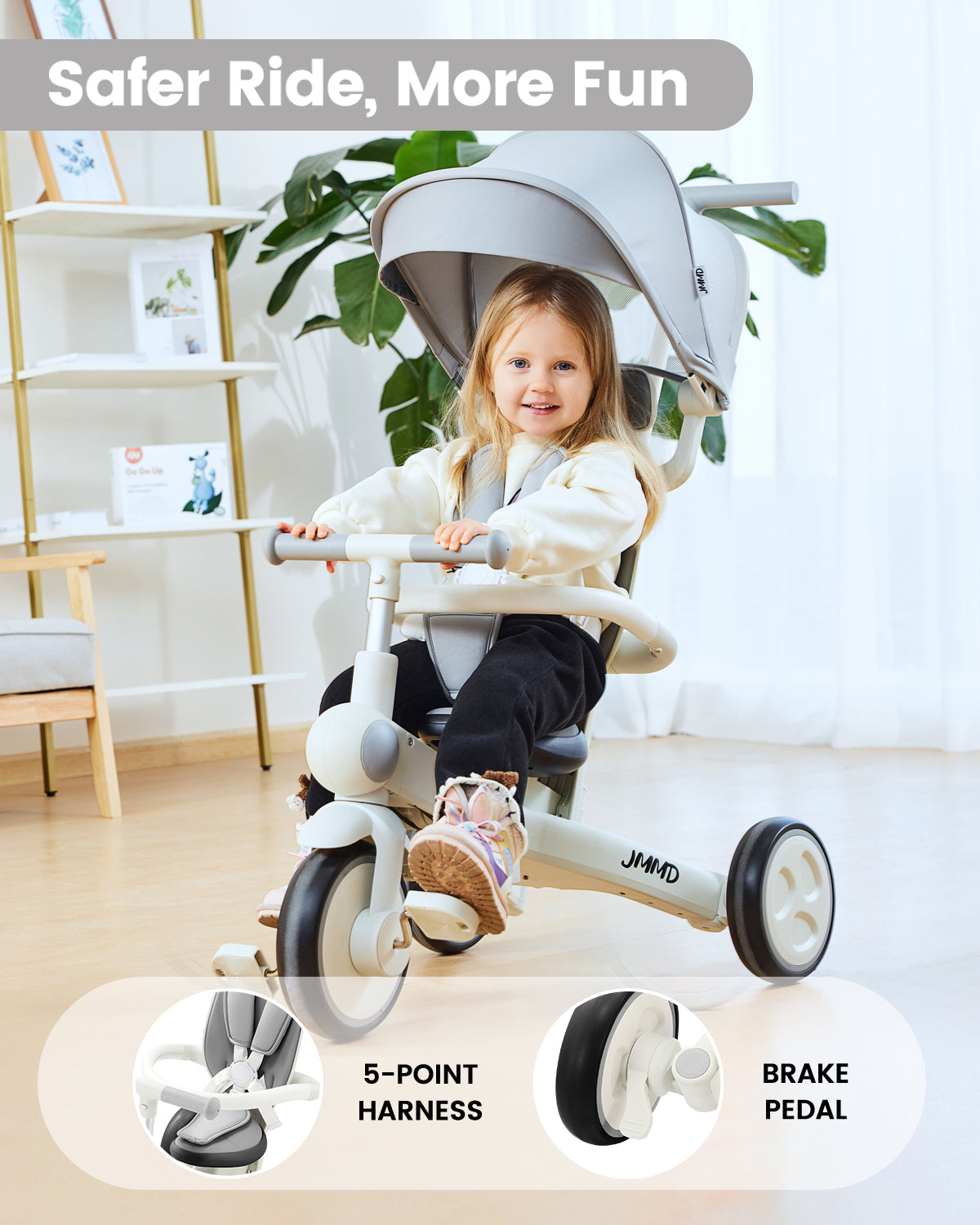 #color_warm-gray JMMD A7 toddler tricycle in Warm Gray showing 5-point harness, brake pedal, and safer ride features