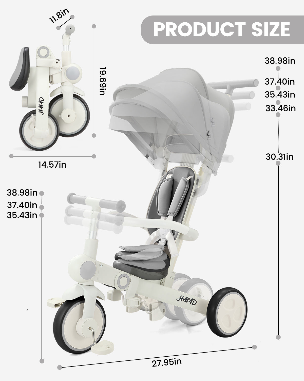 #color_warm-gray JMMD A7 7-in-1 growth tricycle in Warm Gray product size chart with folding size, adjustable handlebar, and overall dimensions