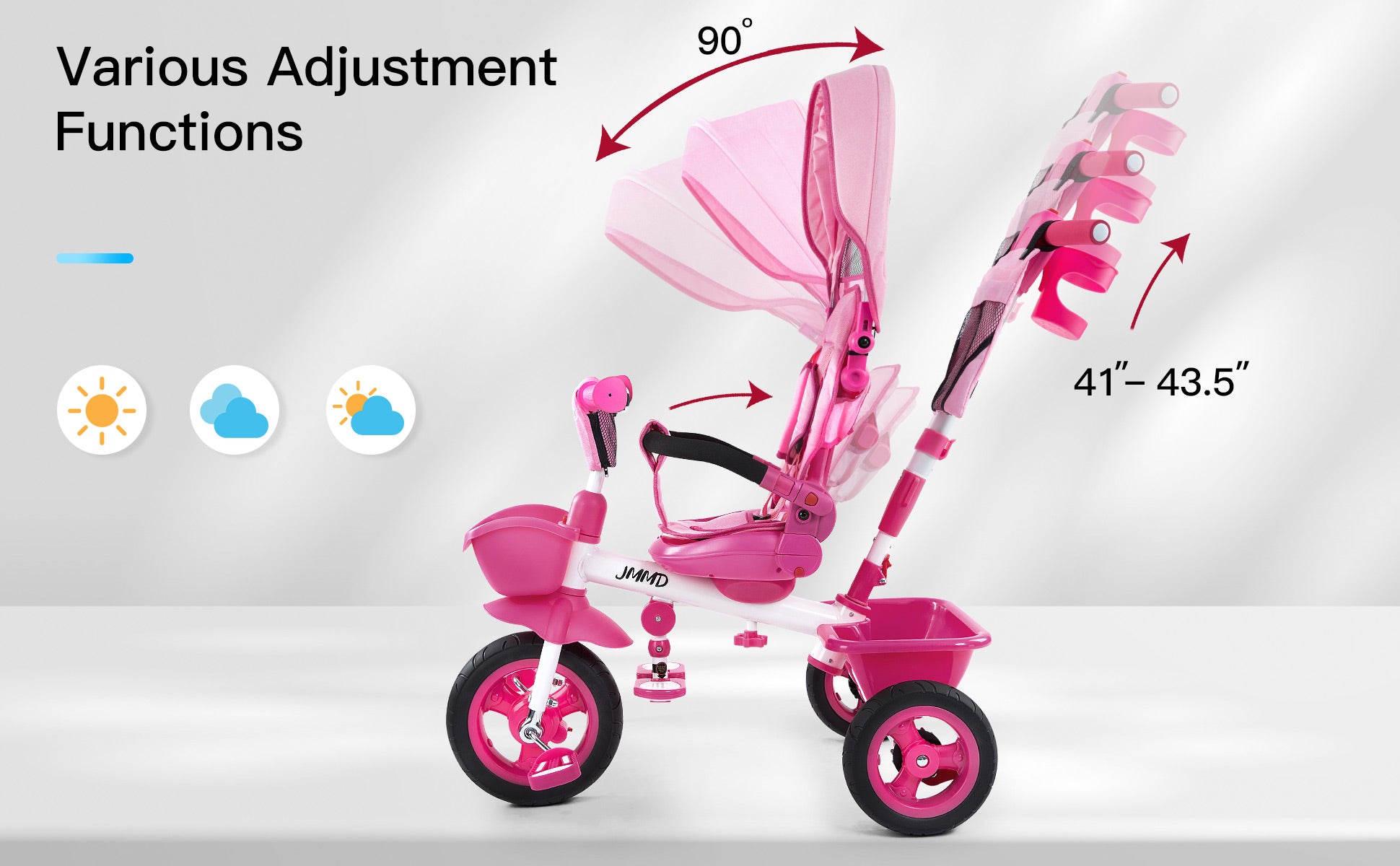 JMMD B31 toddler tricycle with adjustable canopy seat and push handle