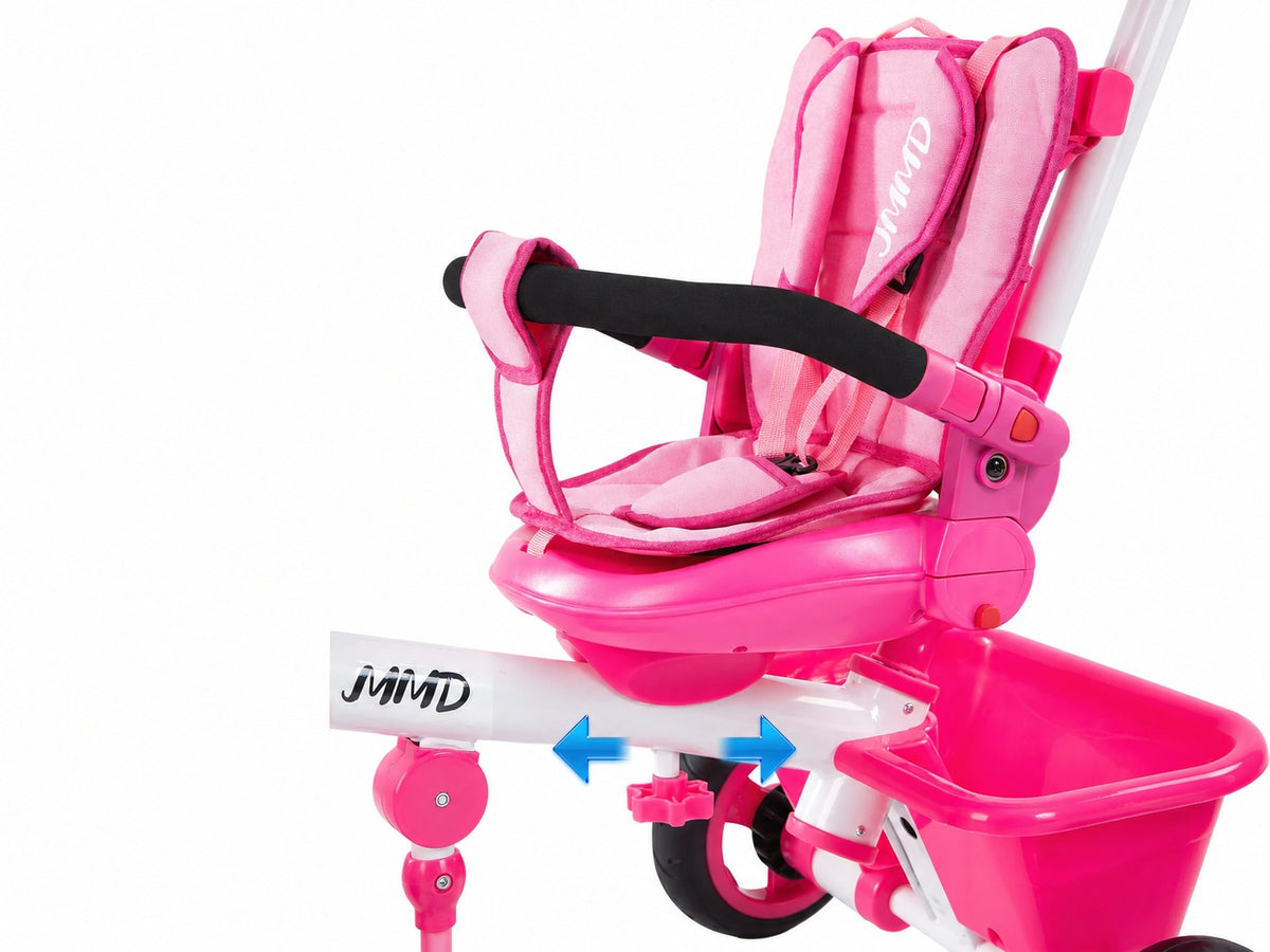 Close-up of the JMMD B31 adjustable sliding seat with padded safety guardrail and front storage basket