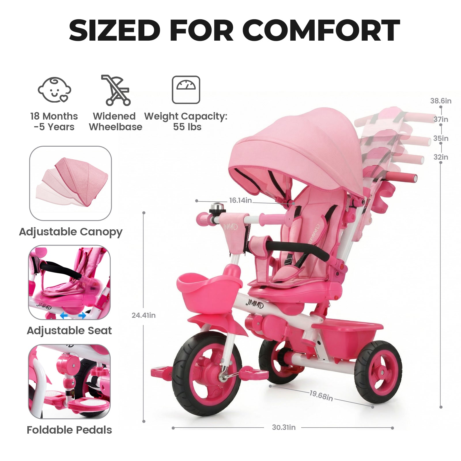 JMMD B31 toddler tricycle with adjustable canopy seat and foldable pedals