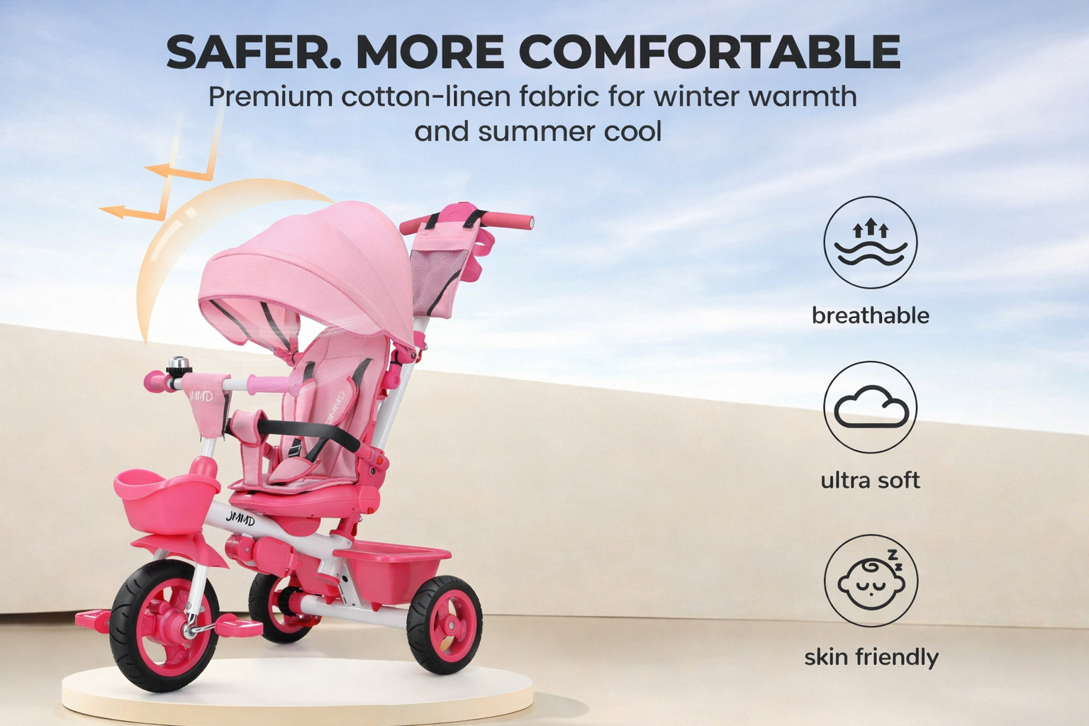 JMMD B31 toddler tricycle with breathable soft fabric seat for comfort