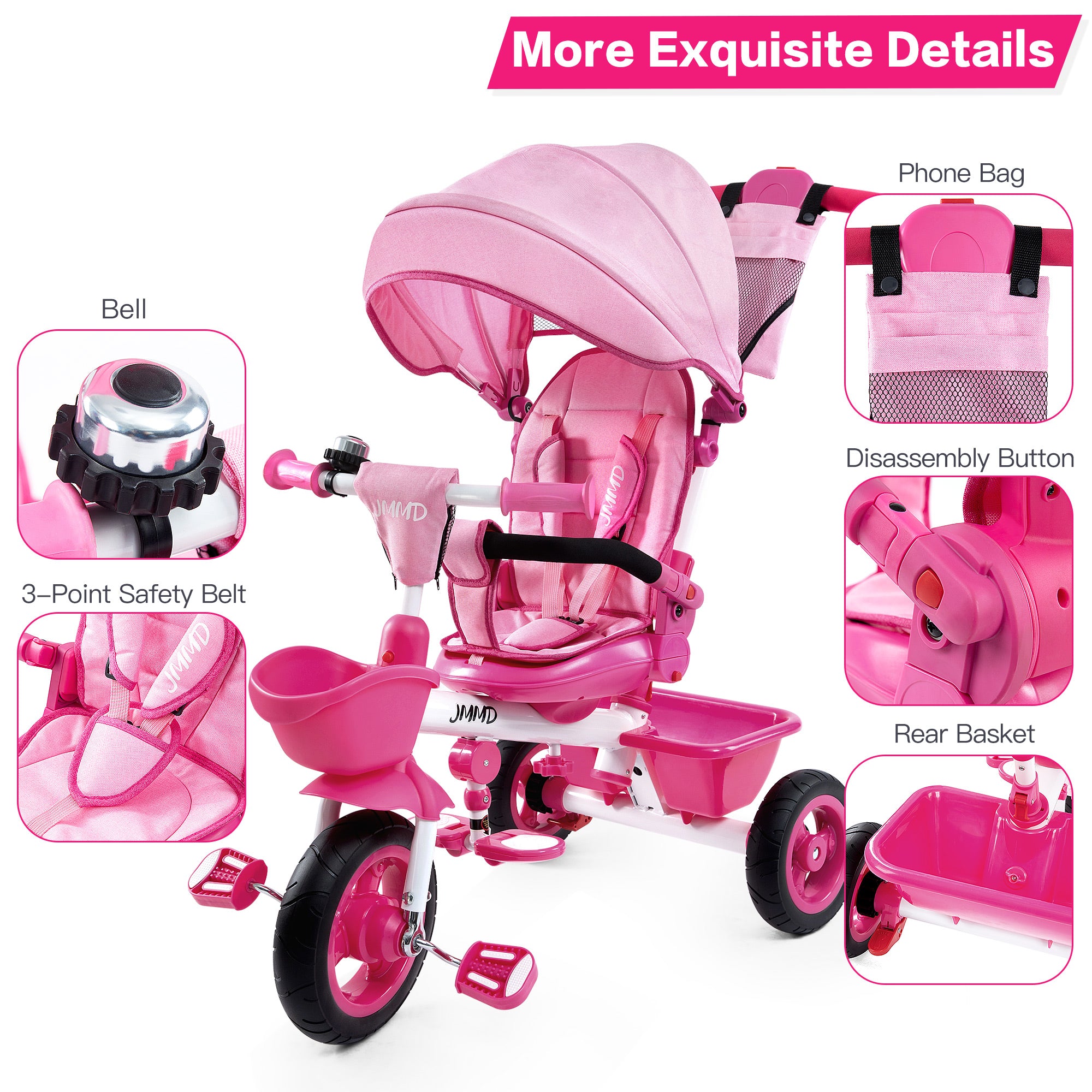 JMMD B31 toddler tricycle with safety belt storage basket and functional details
