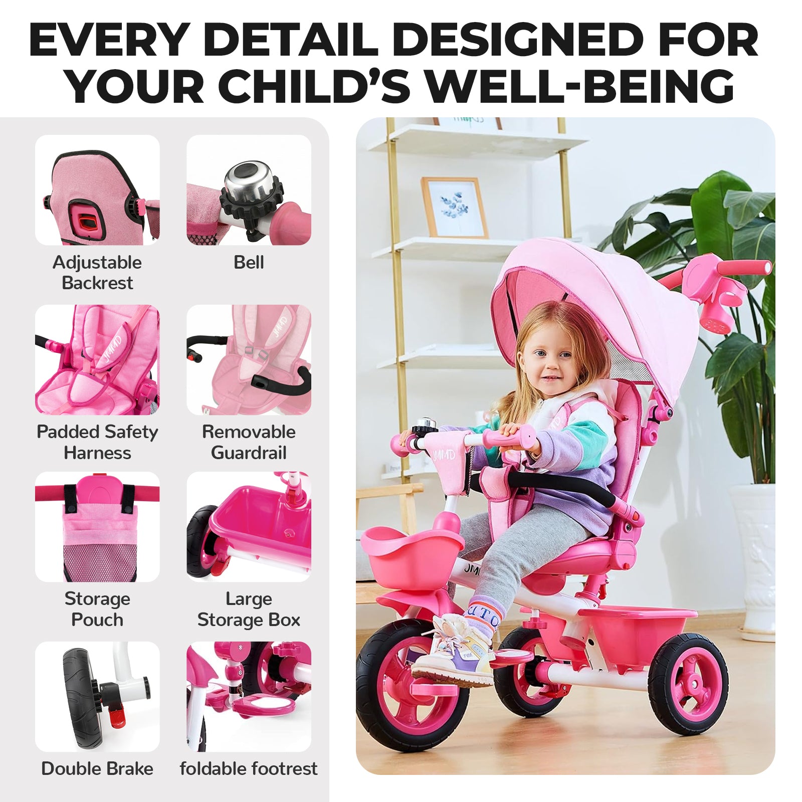 JMMD B31 toddler tricycle with safety harness storage and comfort design
