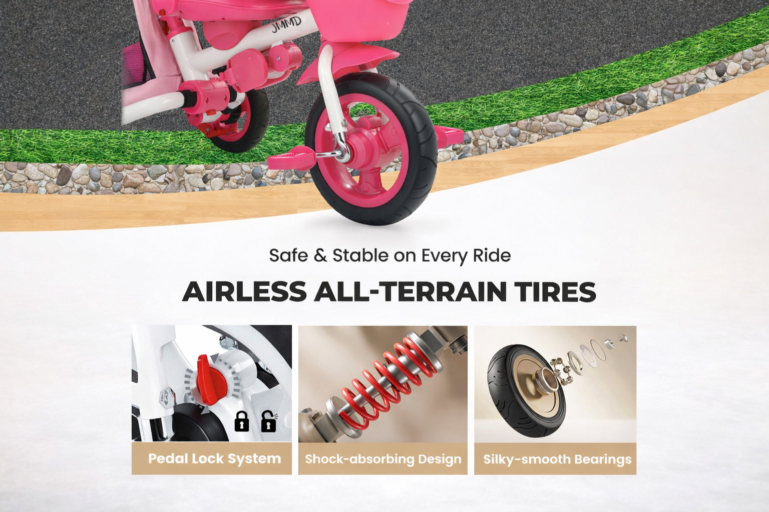 JMMD B31 toddler tricycle with airless all terrain tires and shock absorbing design