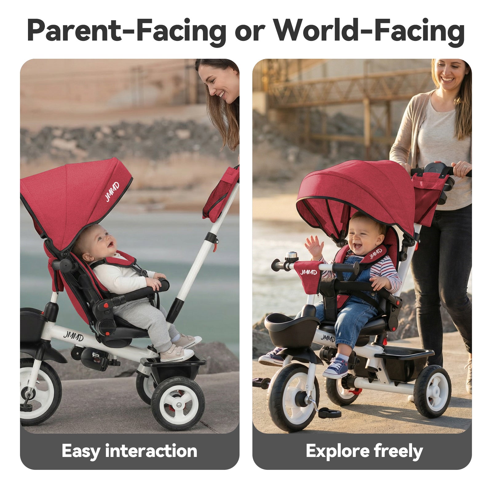 #color_burgundy-red JMMD B31 Starter Trike in Burgundy Red showing parent-facing and world-facing riding positions for easy interaction and independent exploration