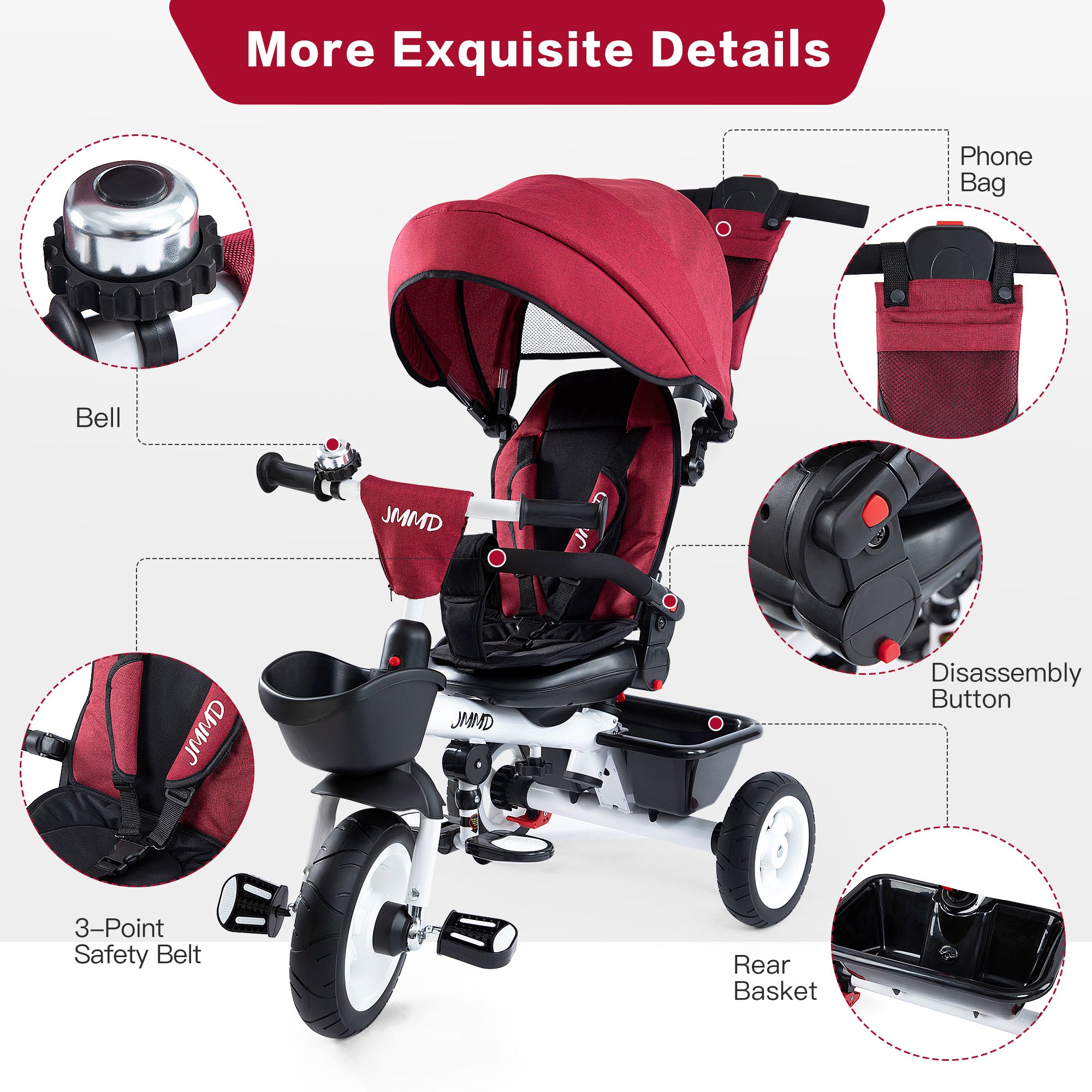 #color_burgundy-red JMMD B31 Starter Trike in Burgundy Red showing bell, phone bag, 3-point safety belt, disassembly button, rear basket, and storage details