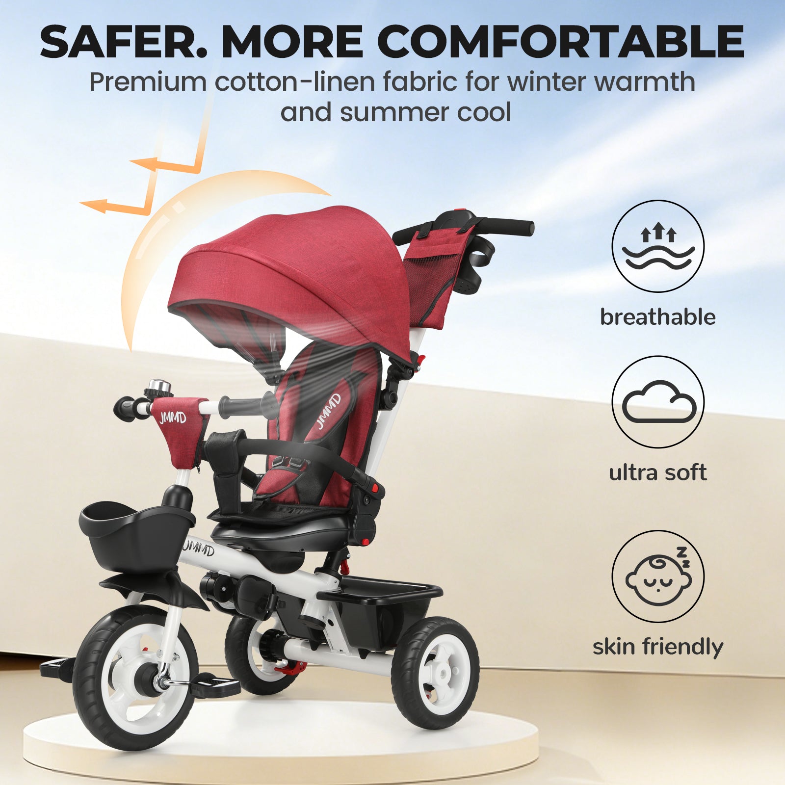 #color_burgundy-red JMMD B31 Starter Trike in Burgundy Red showing breathable cotton-linen fabric, soft canopy, comfortable seat, and skin-friendly riding comfort