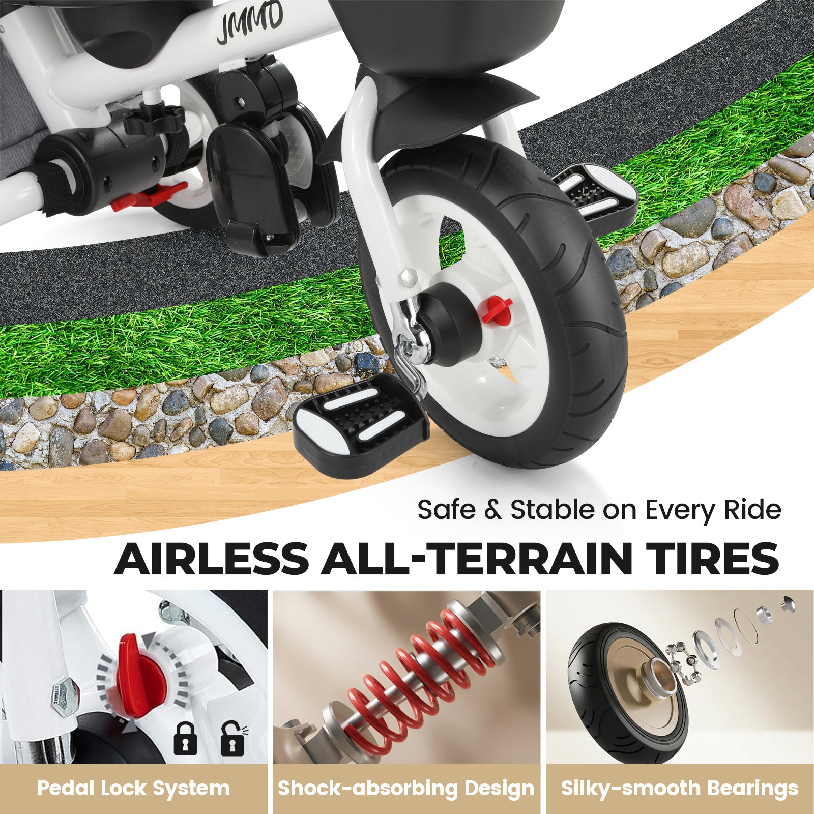 #color_burgundy-red JMMD B31 Starter Trike in Burgundy Red showing airless all-terrain tires, pedal lock system, shock-absorbing design, and smooth bearings
