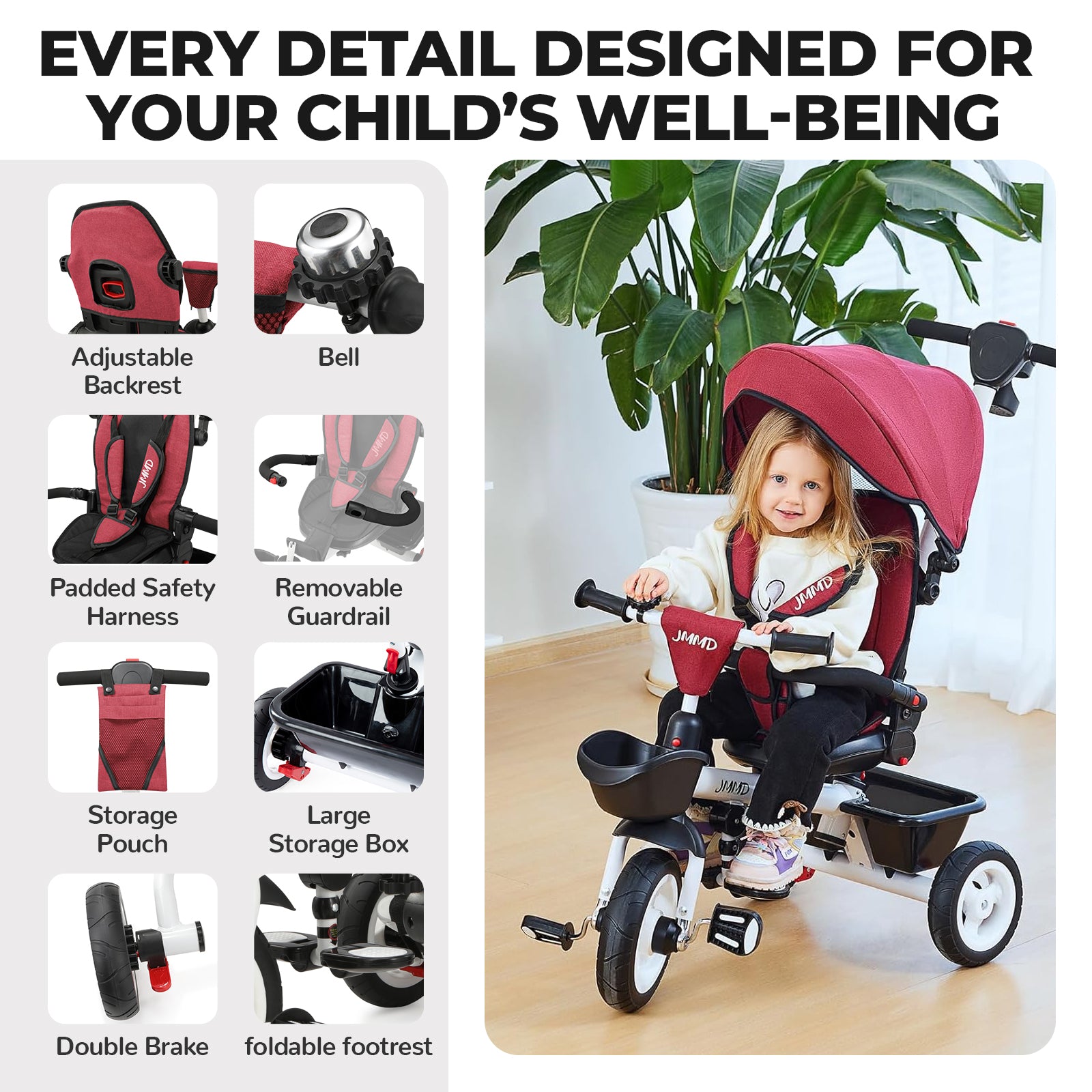 #color_burgundy-red JMMD B31 Starter Trike in Burgundy Red showing child riding scene with adjustable backrest, bell, padded safety harness, removable guardrail, storage pouch, large storage box, double brake, and foldable footrest