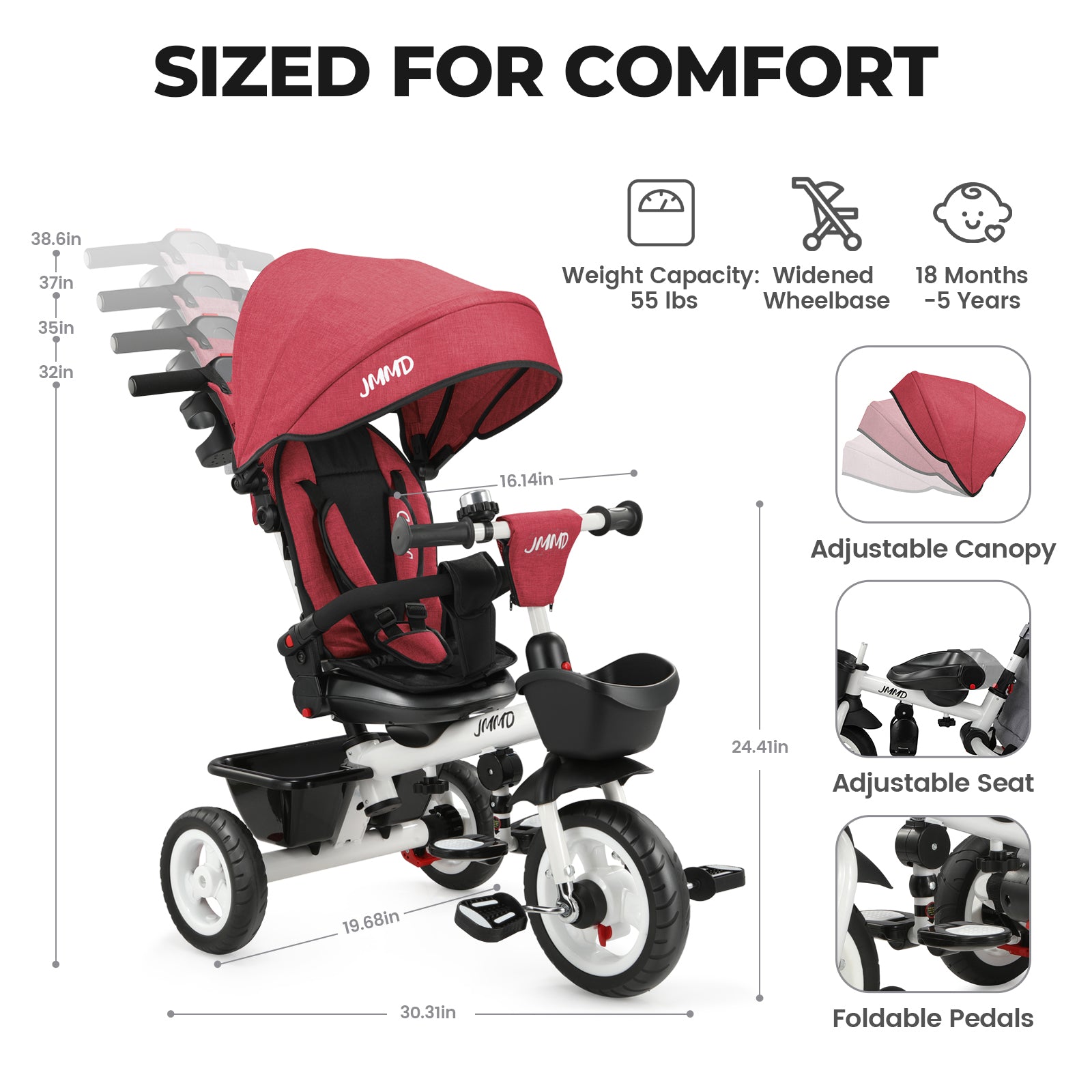#color_burgundy-red JMMD B31 Starter Trike in Burgundy Red showing sized-for-comfort design with 18 months to 5 years age range, widened wheelbase, weight capacity, adjustable canopy, adjustable seat, and foldable pedals
