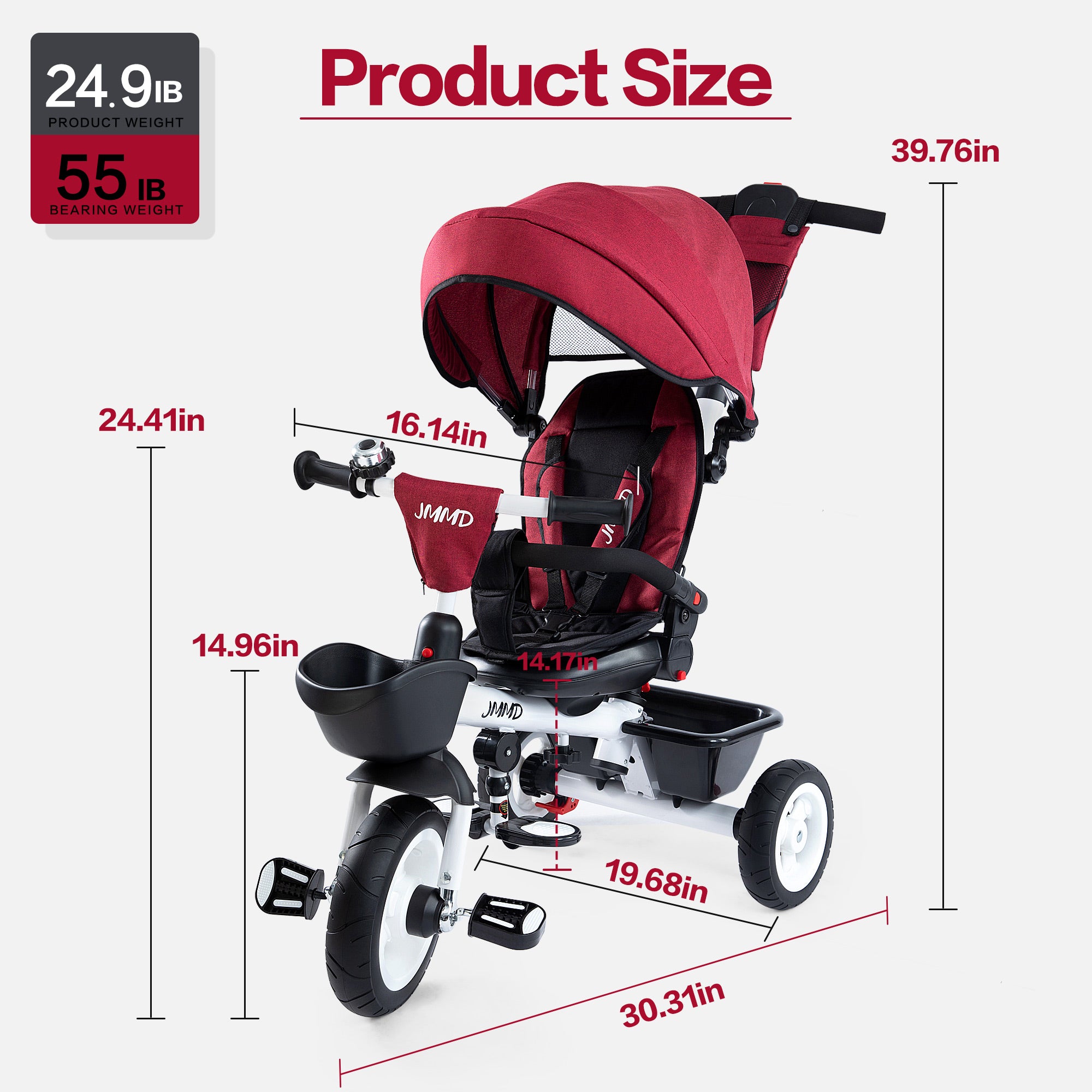#color_burgundy-red JMMD B31 Starter Trike in Burgundy Red product size chart showing overall dimensions, product weight, bearing weight, seat height, handlebar height, and length