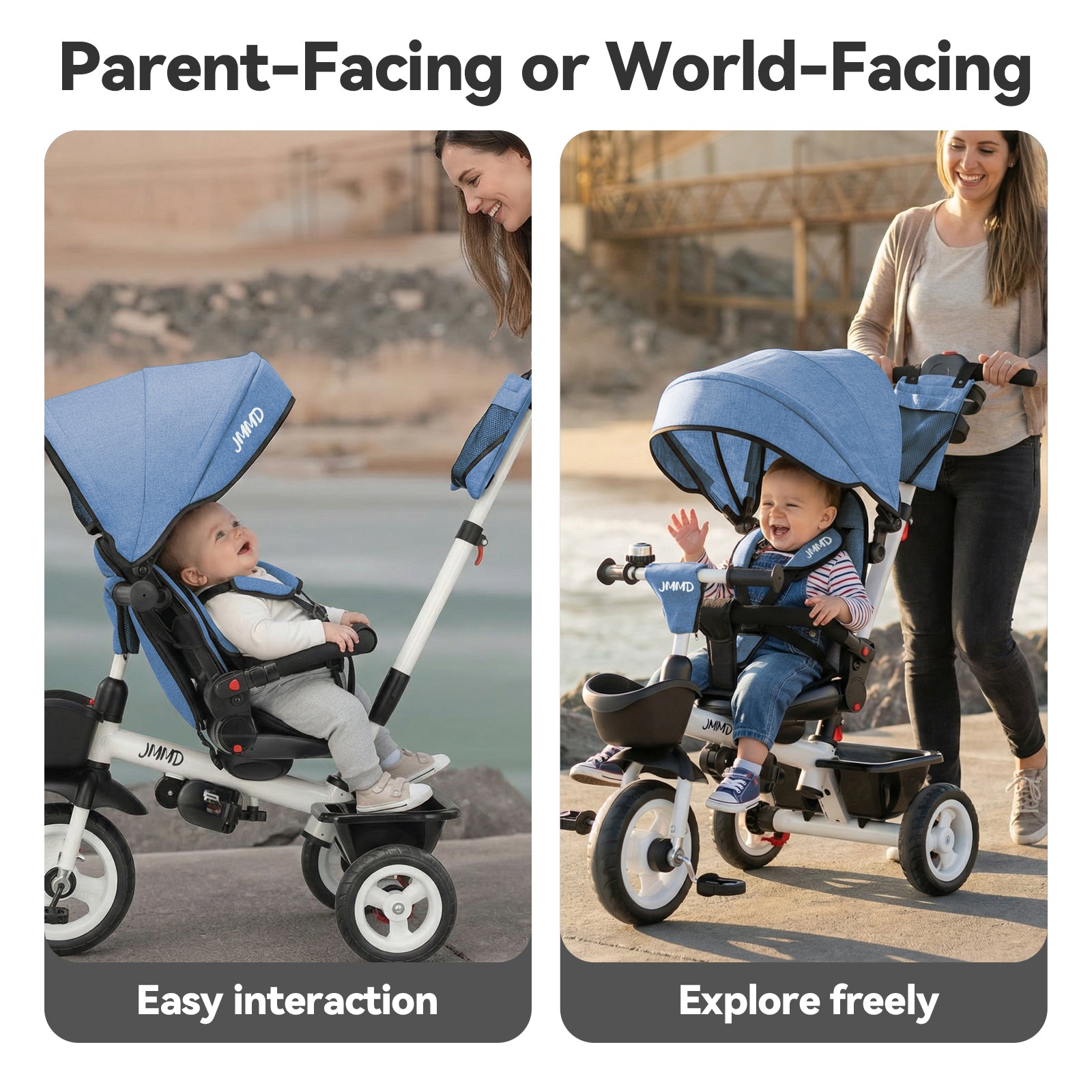 #color_denim-blue JMMD B31 Starter Trike in Denim Blue showing parent-facing and world-facing riding positions for easy interaction and independent exploration